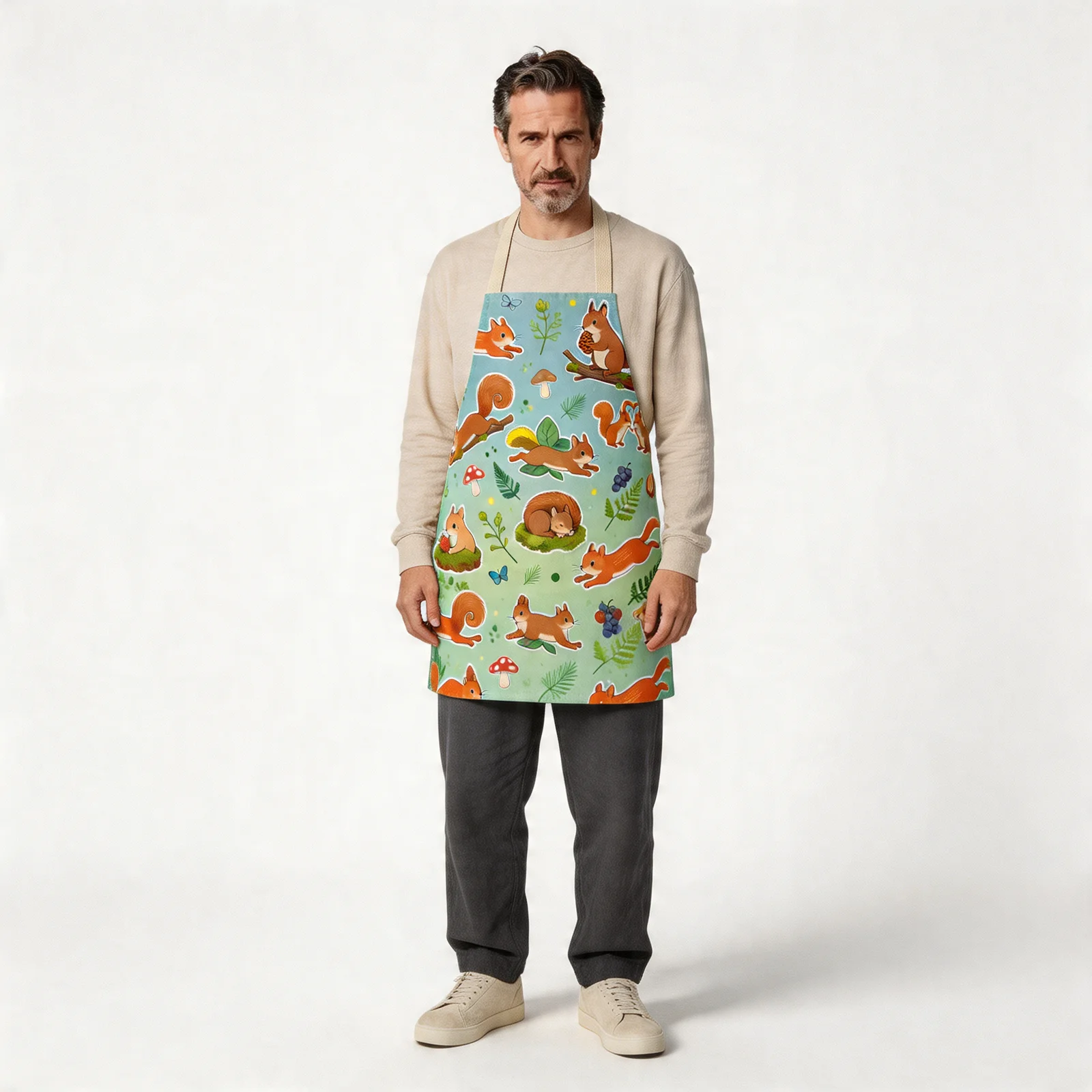 Playful Woodland Squirrels All-Over Print Apron — worn by model