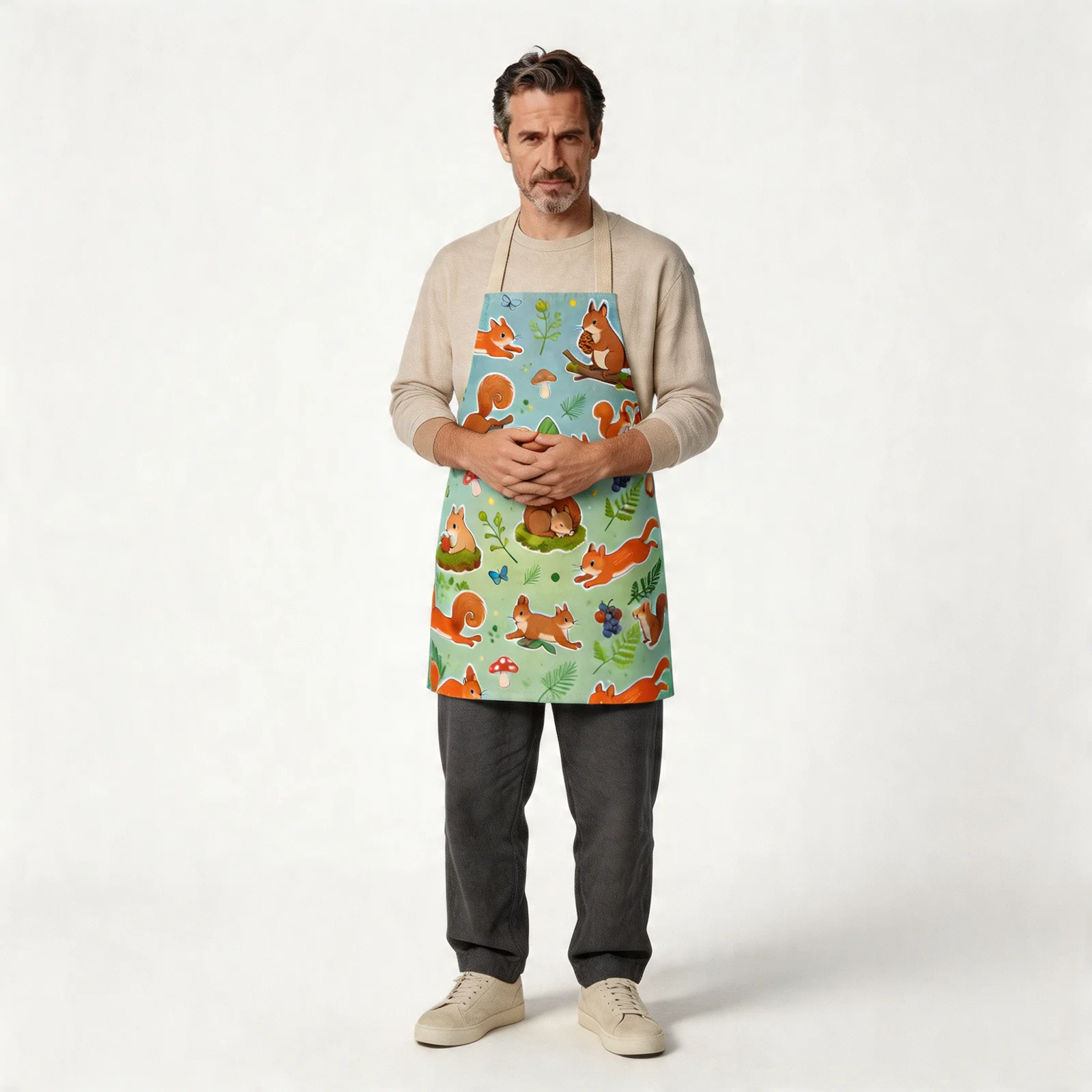 Playful Woodland Squirrels All-Over Print Apron — worn by model