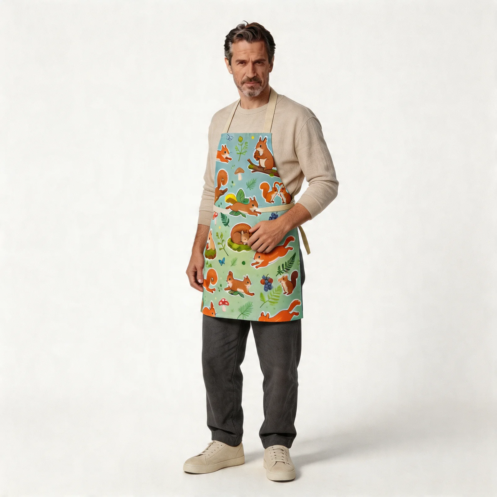 Playful Woodland Squirrels All-Over Print Apron — worn by model