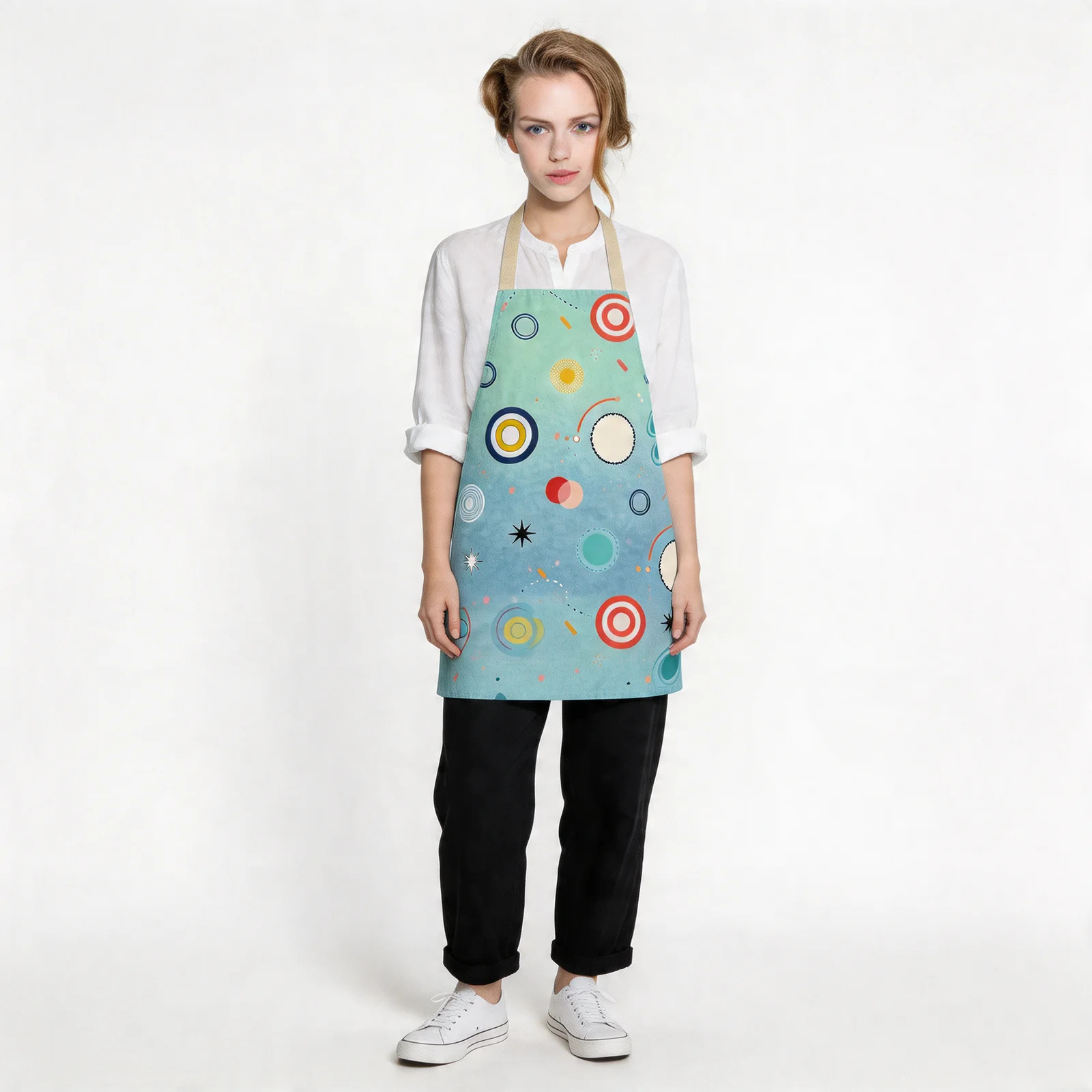 Retro Polka-Dot Playground All-Over Print Apron — worn by model