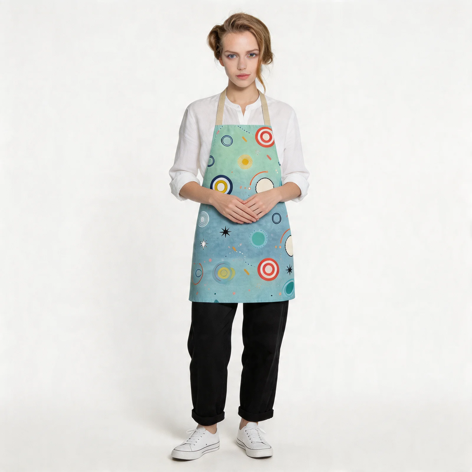 Retro Polka-Dot Playground All-Over Print Apron — worn by model