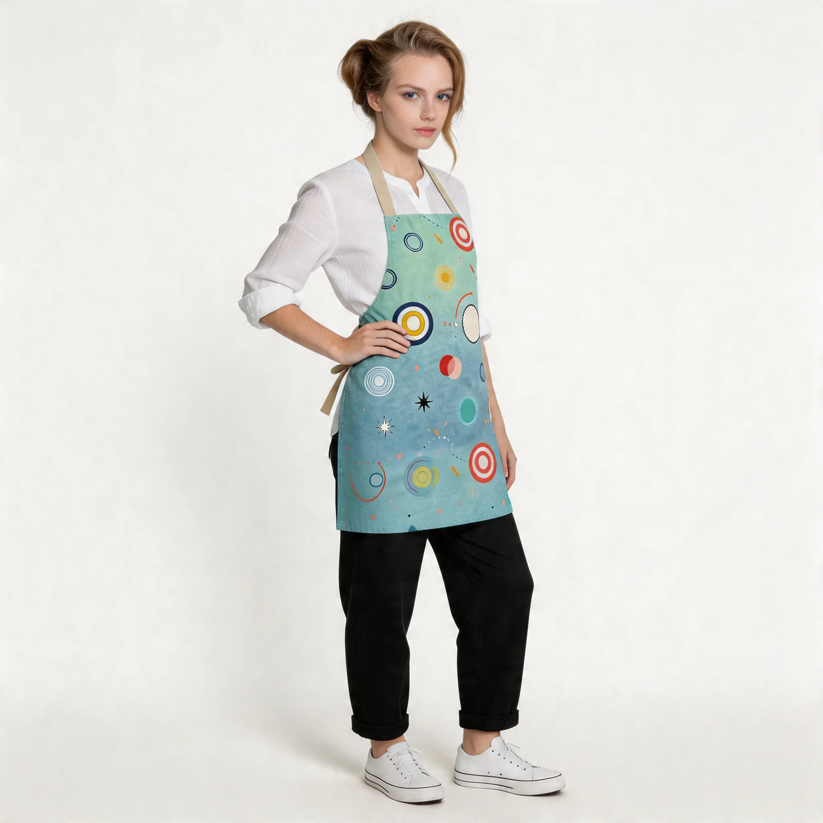 Retro Polka-Dot Playground All-Over Print Apron — worn by model