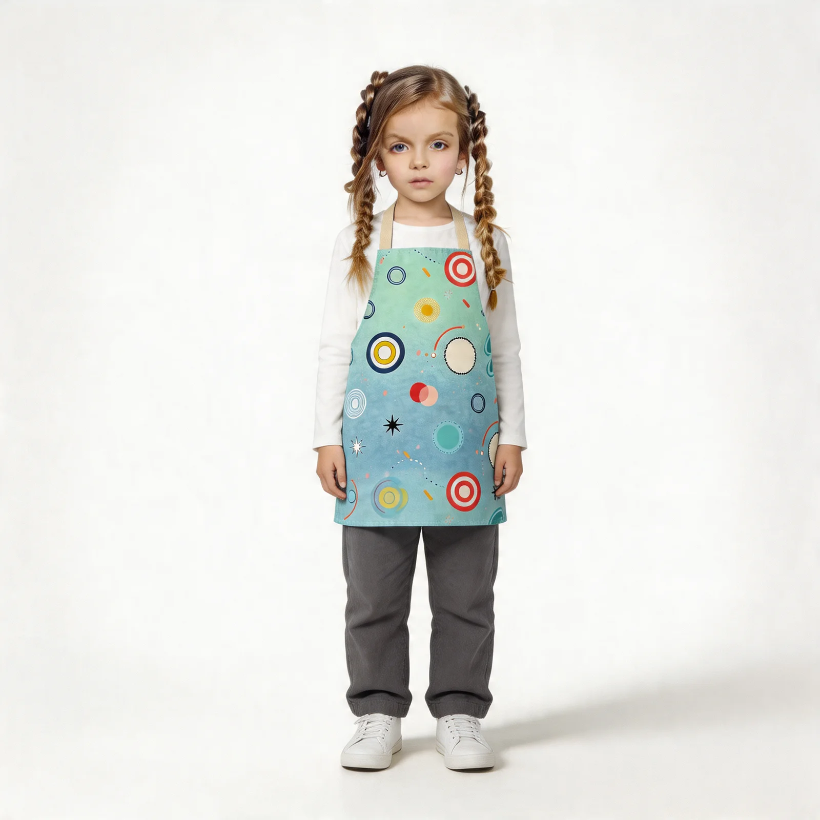 Retro Polka-Dot Playground All-Over Print Apron — worn by young model