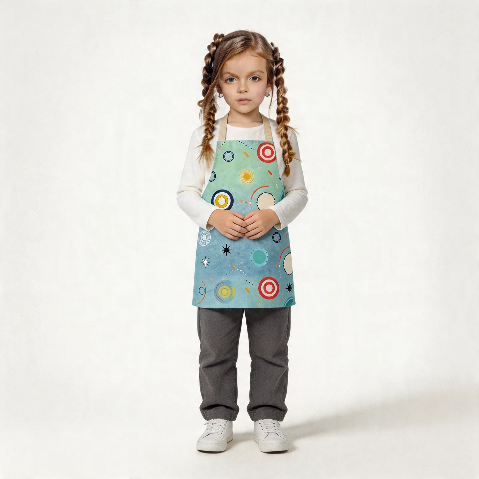 Retro Polka-Dot Playground All-Over Print Apron — worn by young model