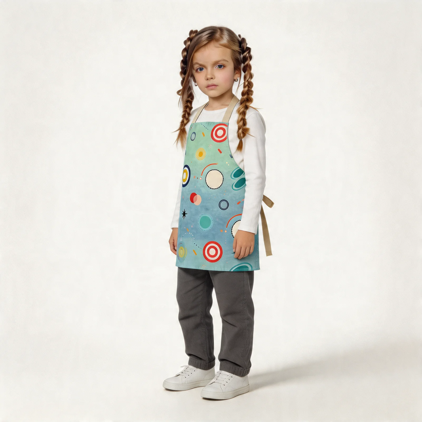 Retro Polka-Dot Playground All-Over Print Apron — worn by young model