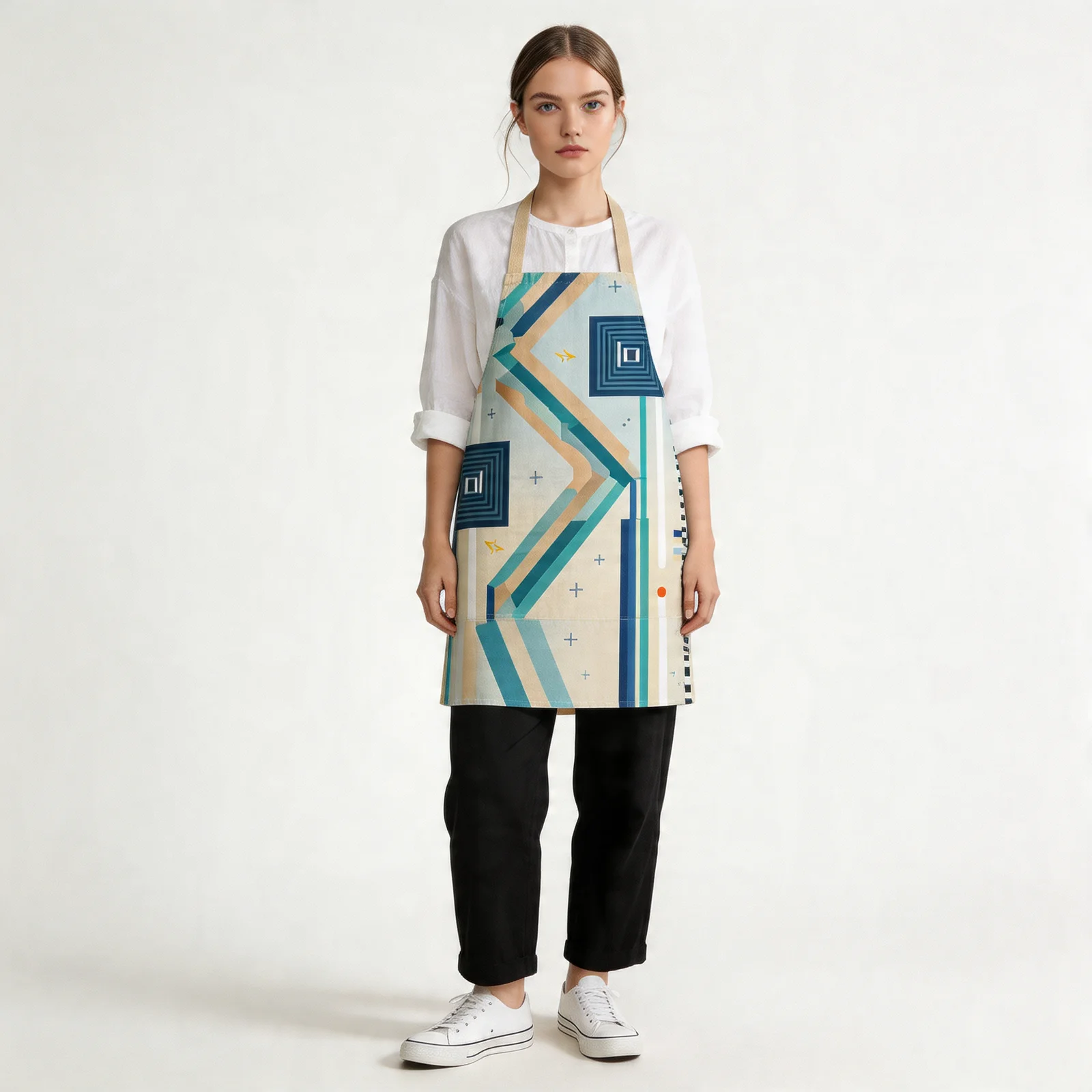 Urban Order Striped Geometry All-Over Print Apron — worn by model