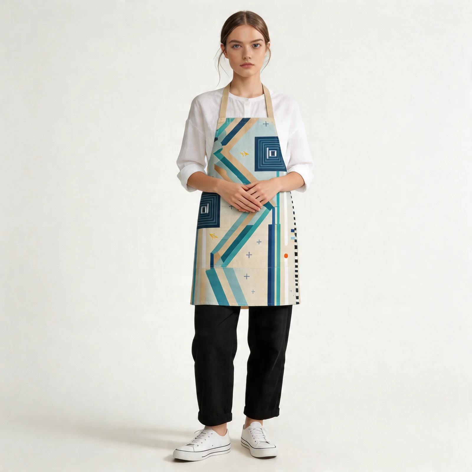 Urban Order Striped Geometry All-Over Print Apron — worn by model