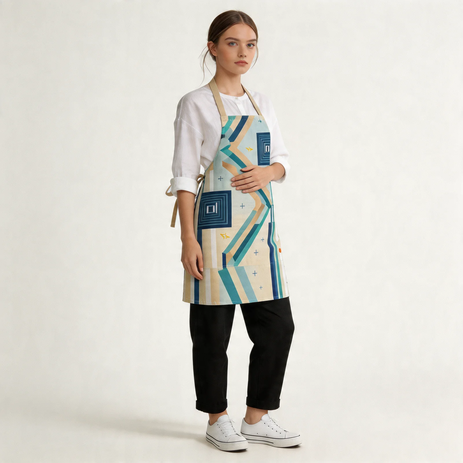 Urban Order Striped Geometry All-Over Print Apron — worn by model