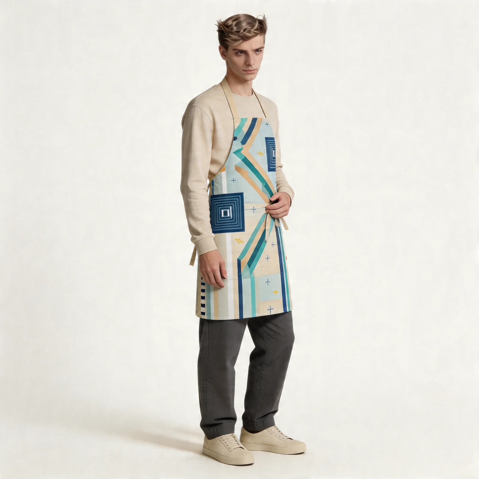 Urban Order Striped Geometry All-Over Print Apron — worn by model