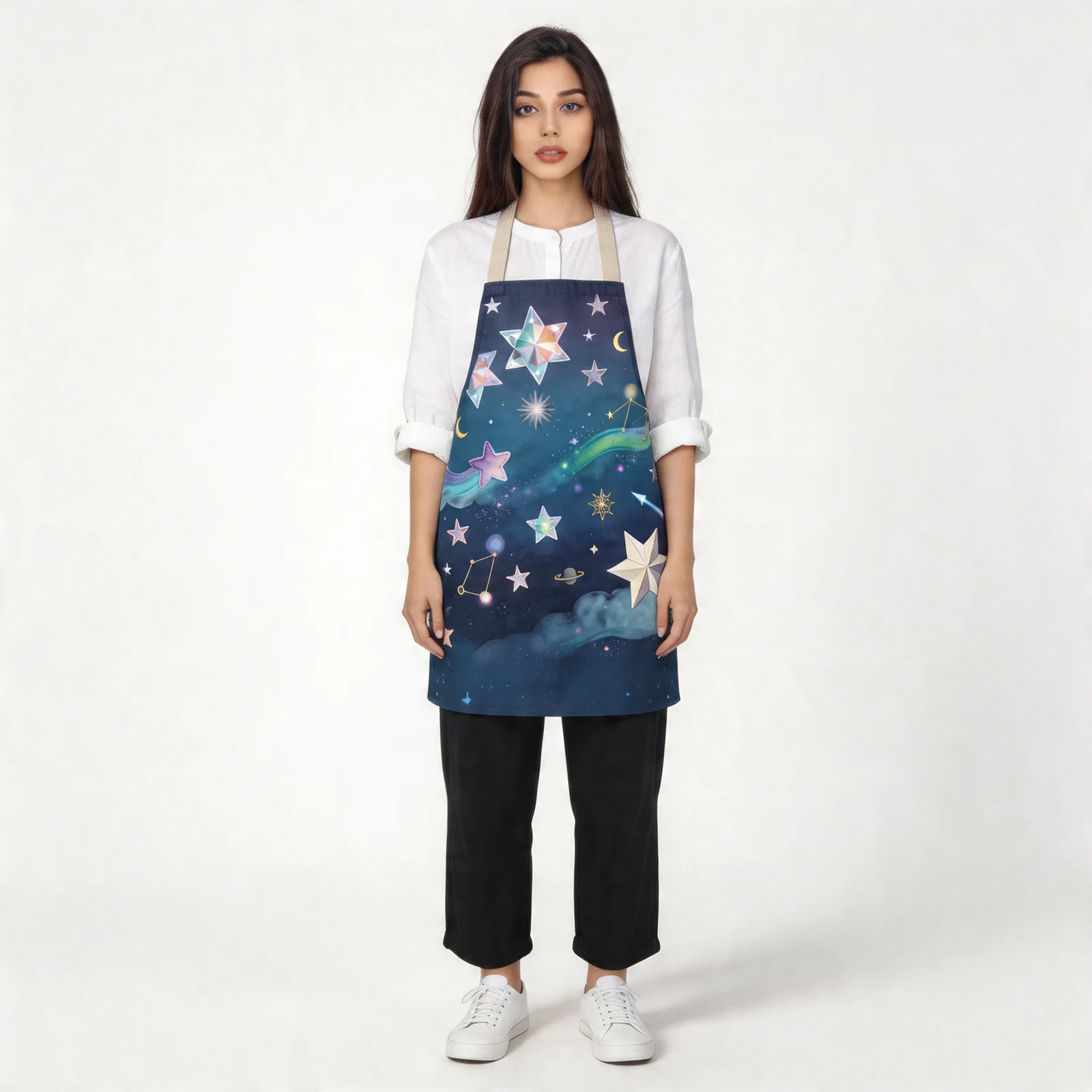 Dreamy Starfall Night Sky All-Over Print Apron — worn by model