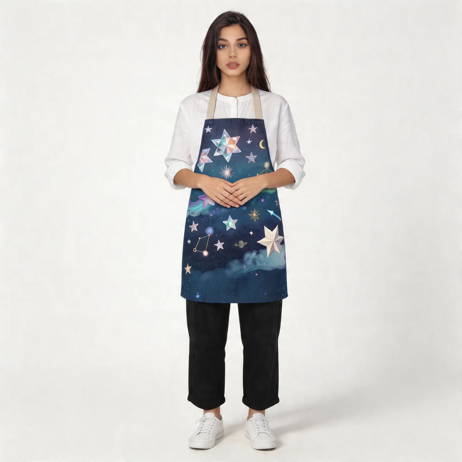 Dreamy Starfall Night Sky All-Over Print Apron — worn by model