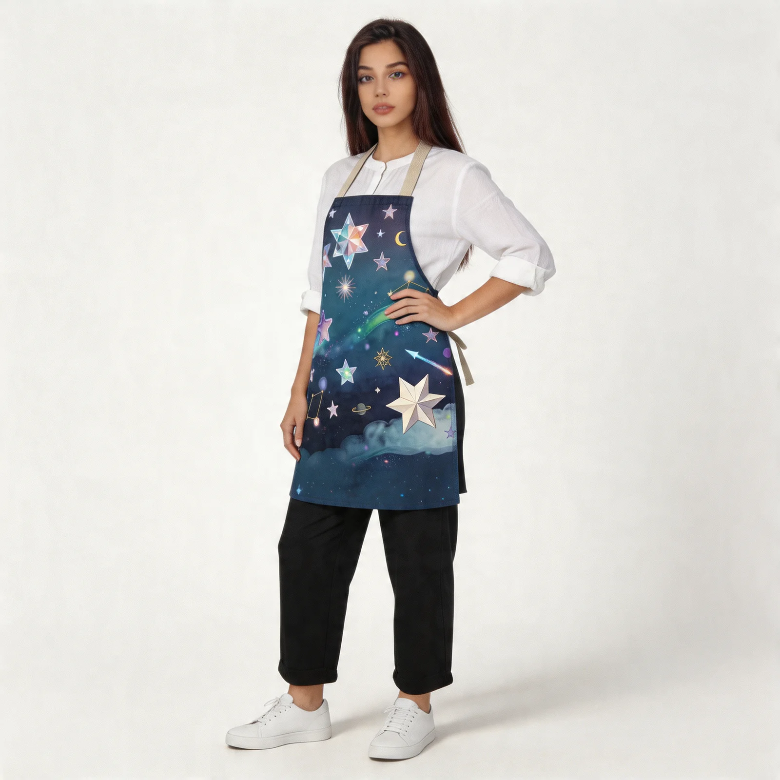 Dreamy Starfall Night Sky All-Over Print Apron — worn by model