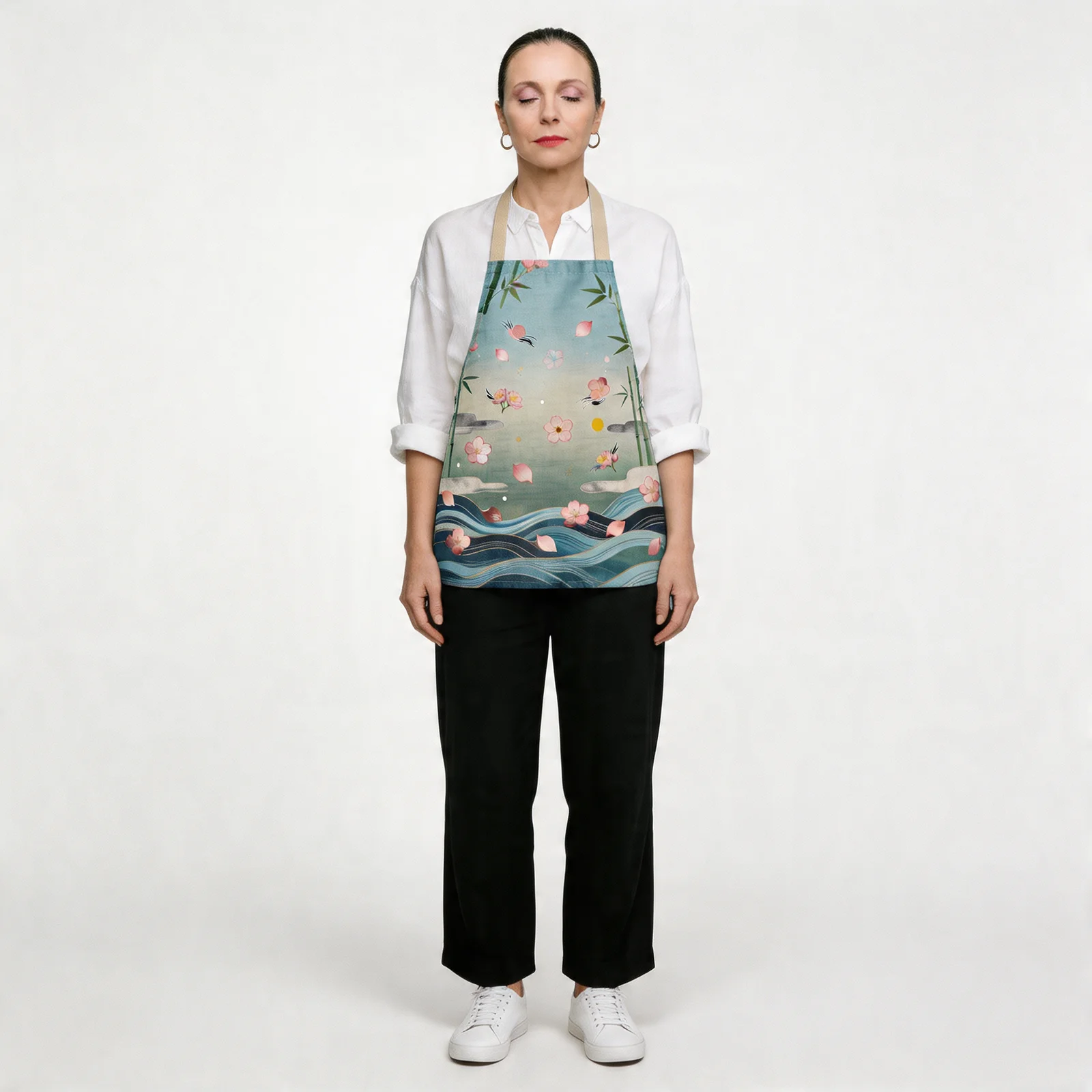 Zen Sakura Drift with Bamboo & Water All-Over Print Apron — worn by model