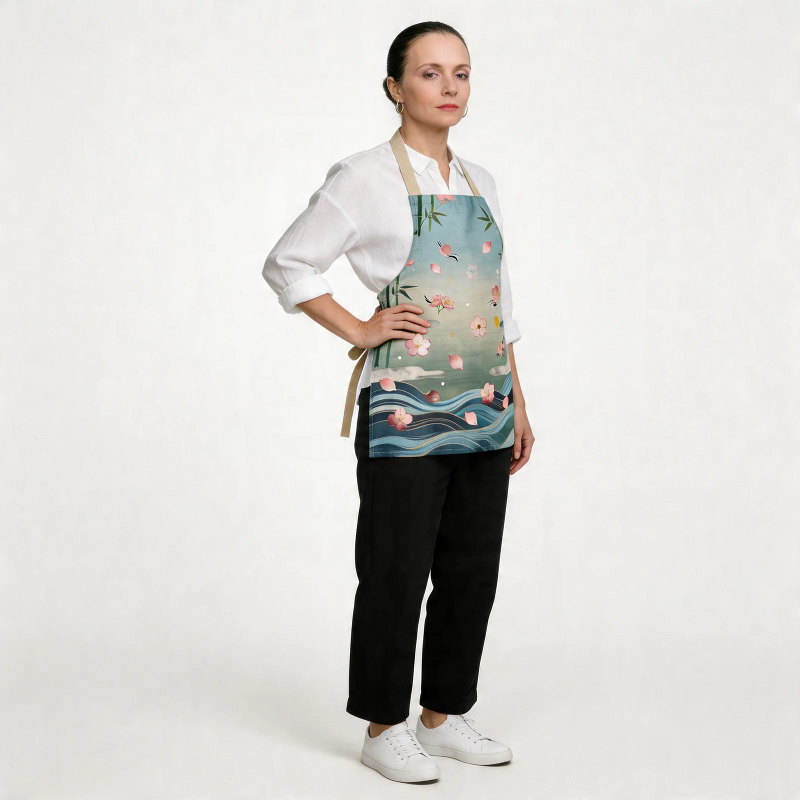 Zen Sakura Drift with Bamboo & Water All-Over Print Apron — worn by model