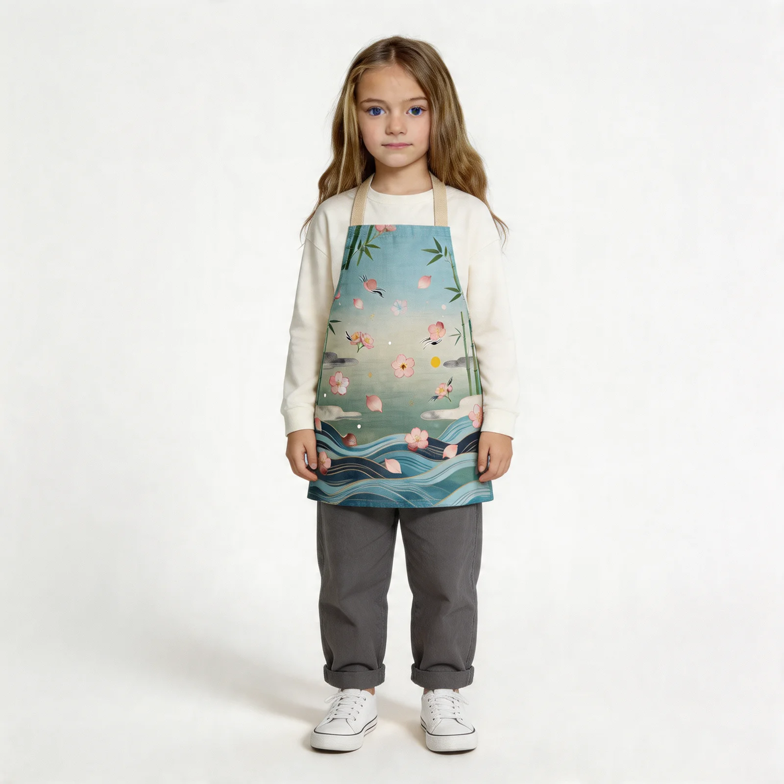Zen Sakura Drift with Bamboo & Water All-Over Print Apron — worn by young model