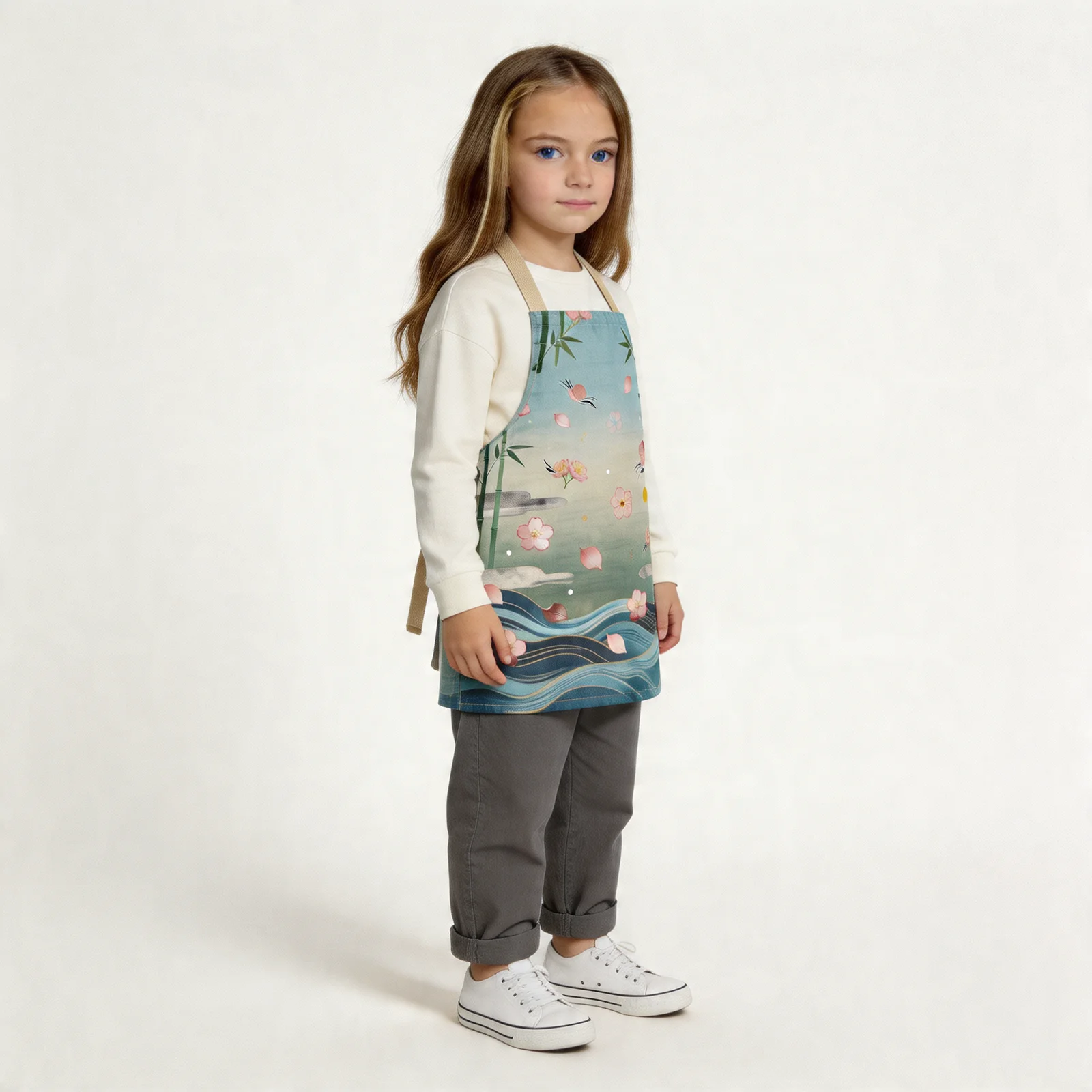 Zen Sakura Drift with Bamboo & Water All-Over Print Apron — worn by young model