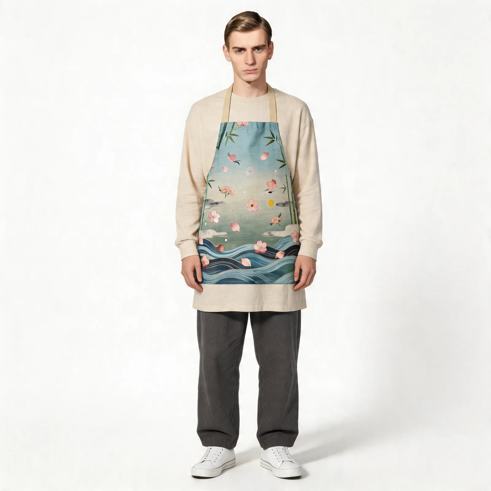 Zen Sakura Drift with Bamboo & Water All-Over Print Apron — worn by model
