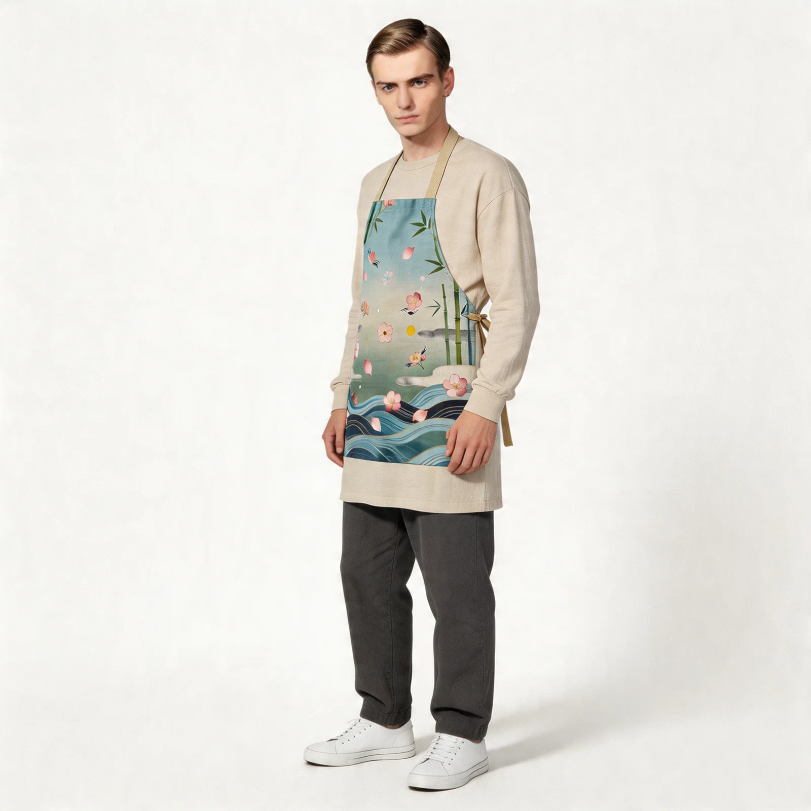 Zen Sakura Drift with Bamboo & Water All-Over Print Apron — worn by model