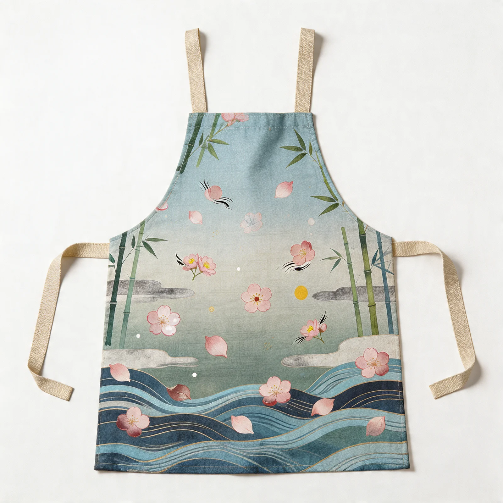 Zen Sakura Drift with Bamboo & Water All-Over Print Apron — flat lay