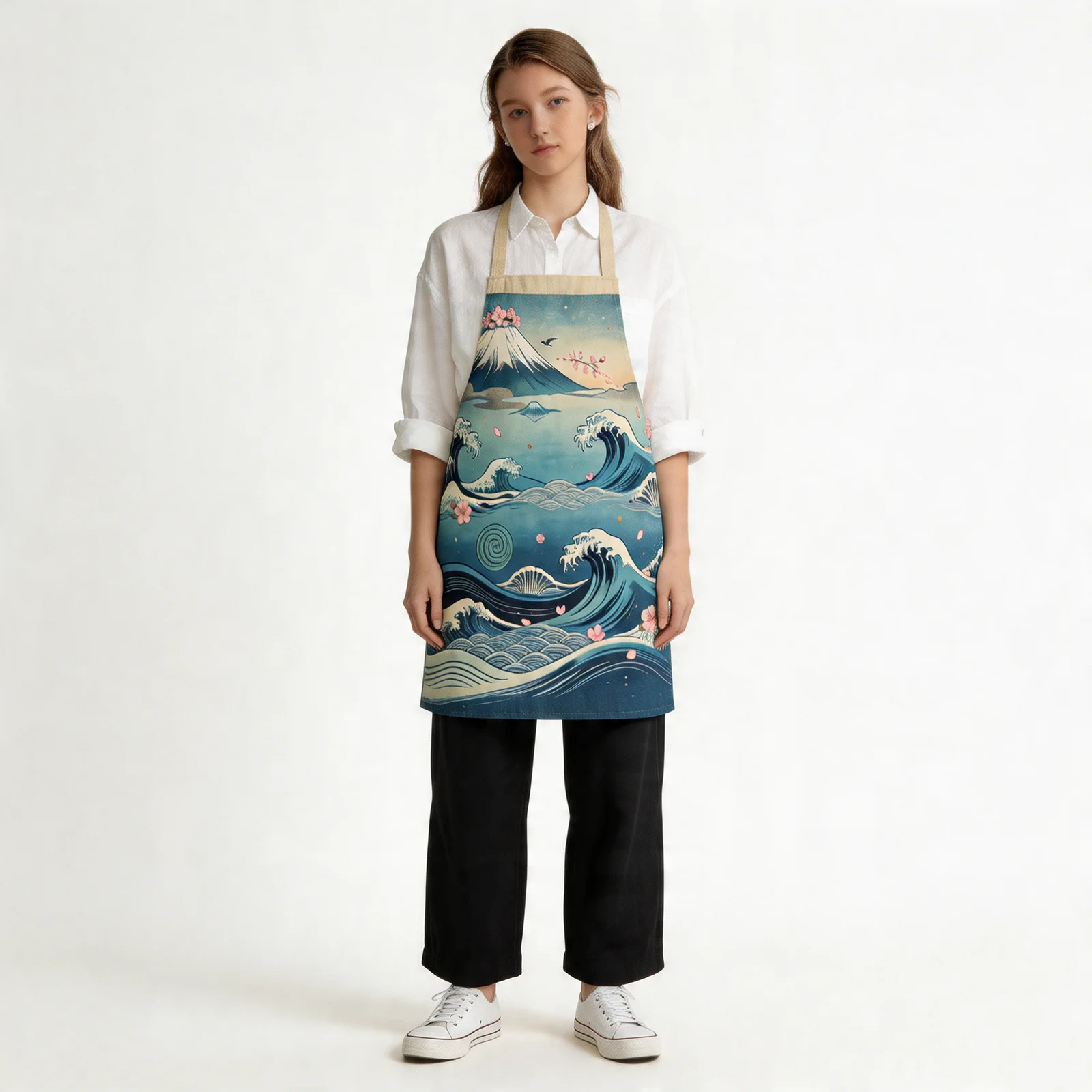 Ukiyo-e Waves & Fuji Sakura All-Over Print Apron — worn by model