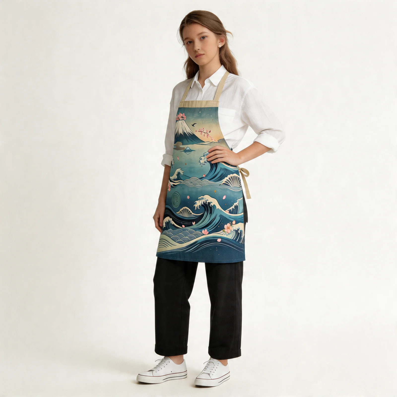 Ukiyo-e Waves & Fuji Sakura All-Over Print Apron — worn by model