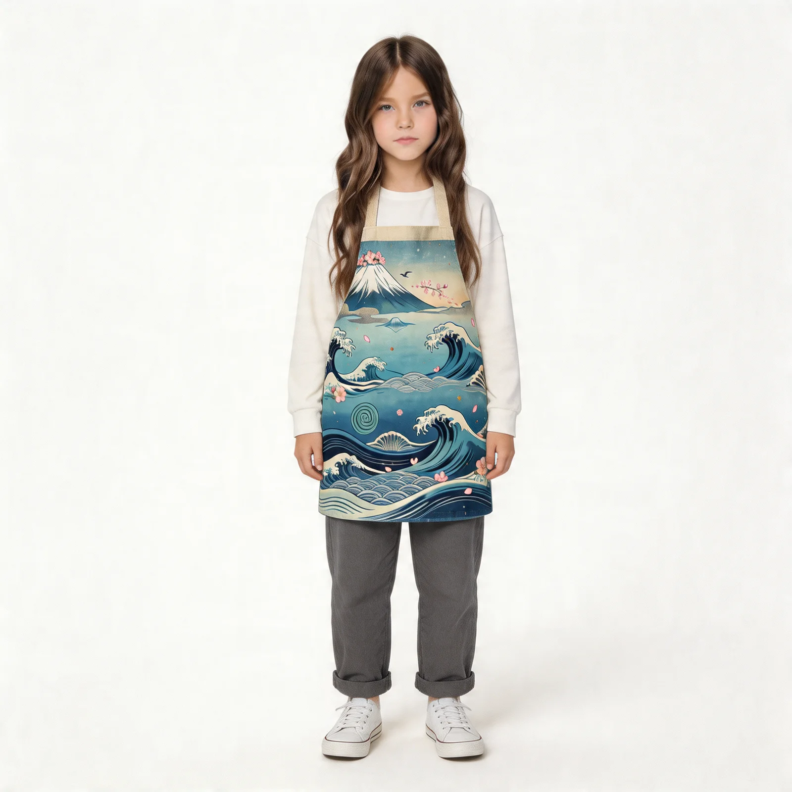 Ukiyo-e Waves & Fuji Sakura All-Over Print Apron — worn by young model