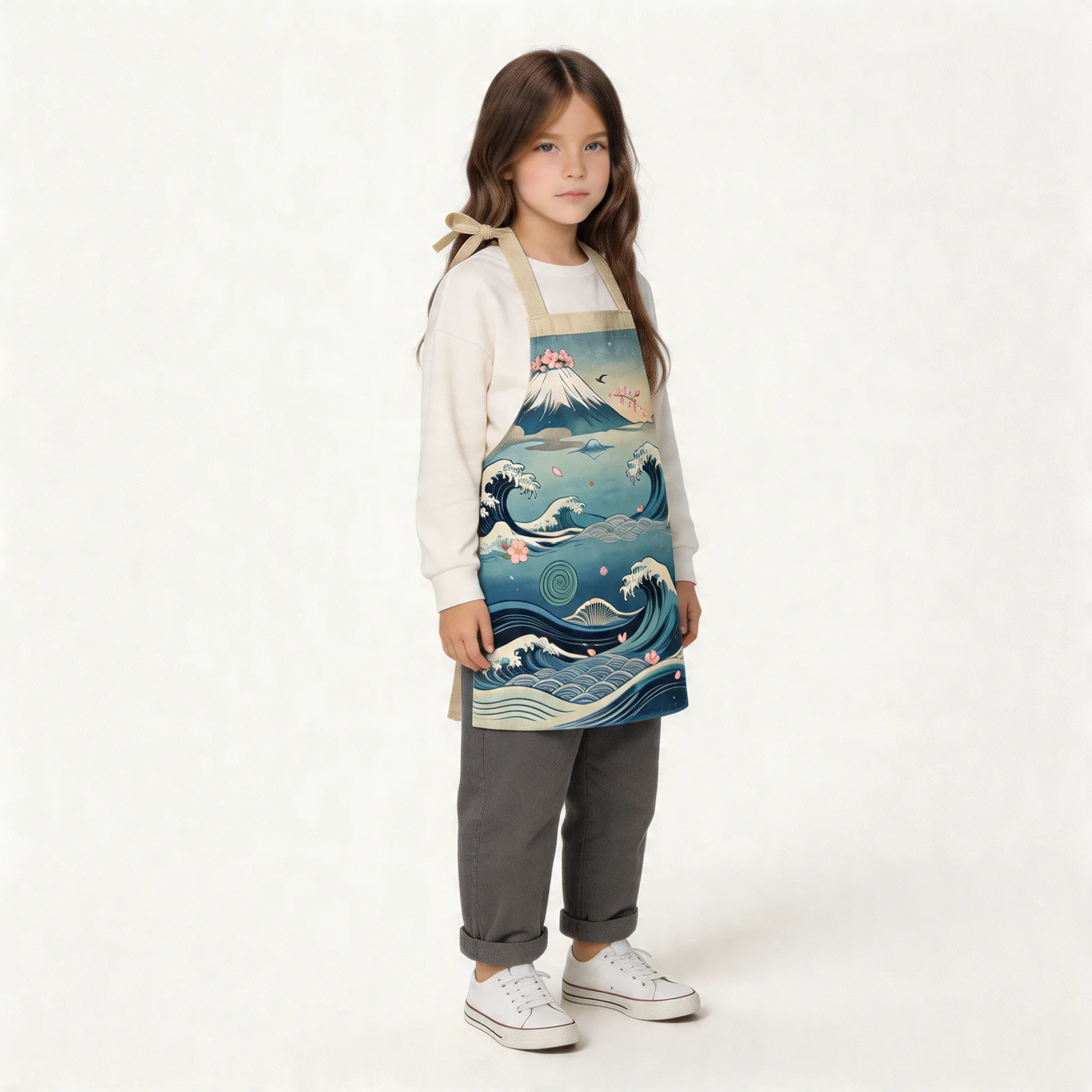Ukiyo-e Waves & Fuji Sakura All-Over Print Apron — worn by young model