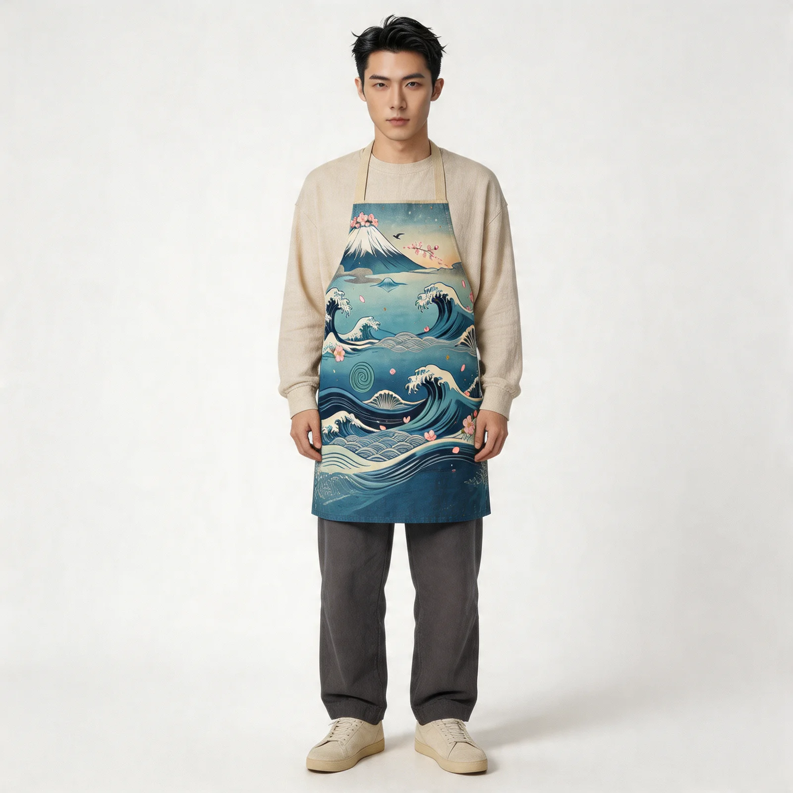 Ukiyo-e Waves & Fuji Sakura All-Over Print Apron — worn by model