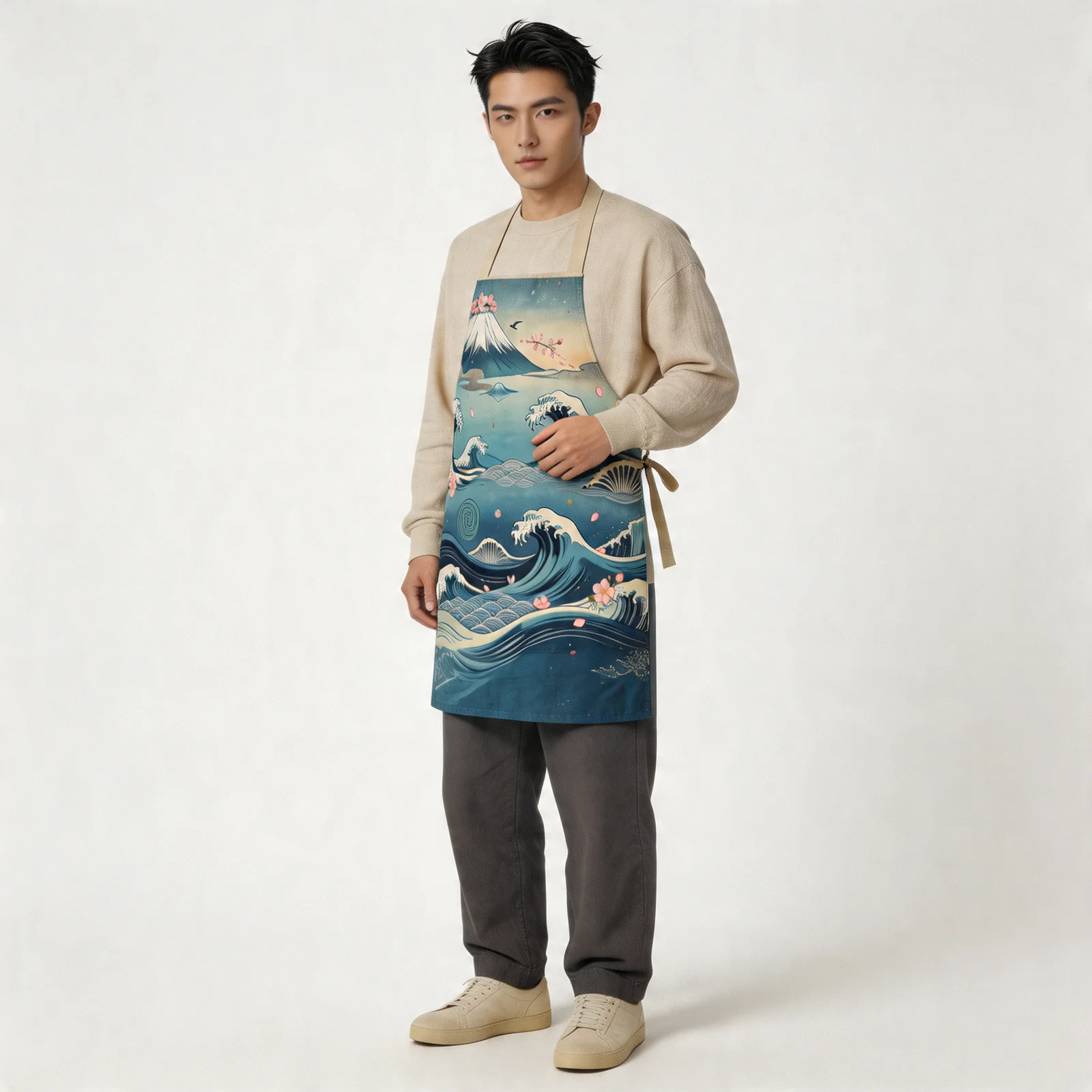 Ukiyo-e Waves & Fuji Sakura All-Over Print Apron — worn by model