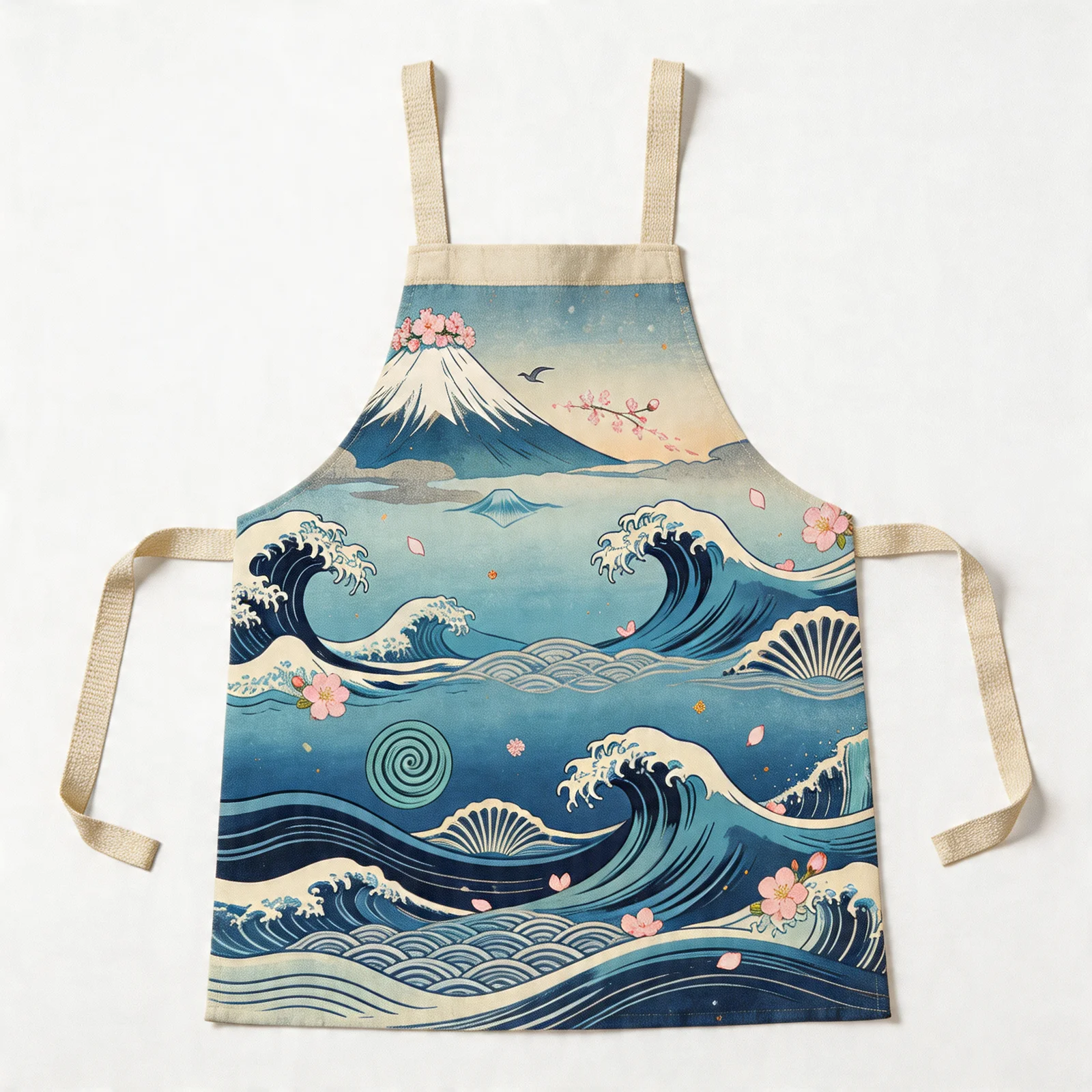 Ukiyo-e Waves & Fuji Sakura All-Over Print Apron — flat lay