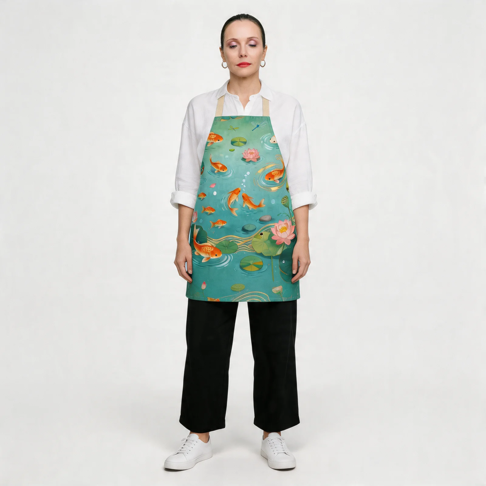 Koi & Lotus Pond All-Over Print Apron — worn by model