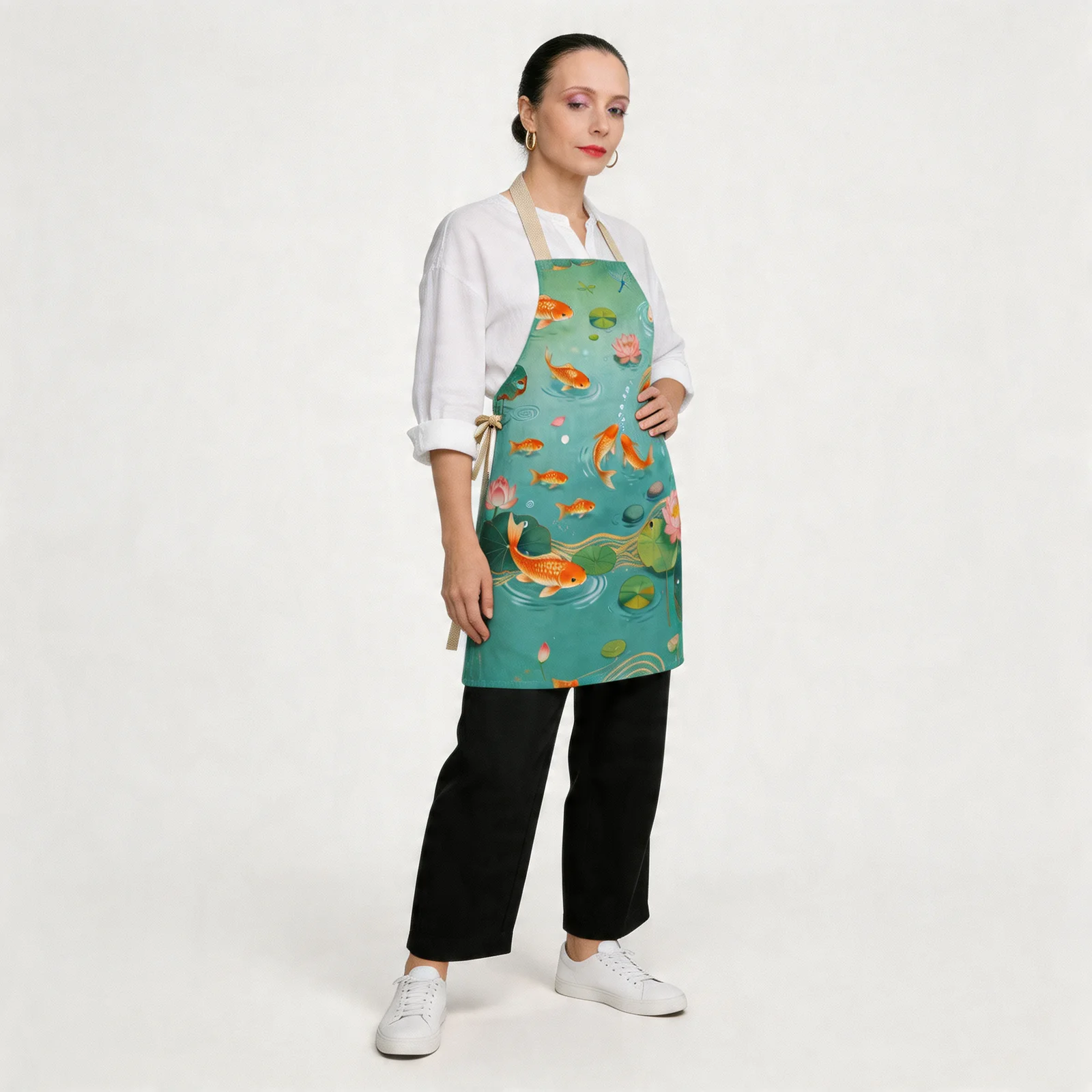 Koi & Lotus Pond All-Over Print Apron — worn by model