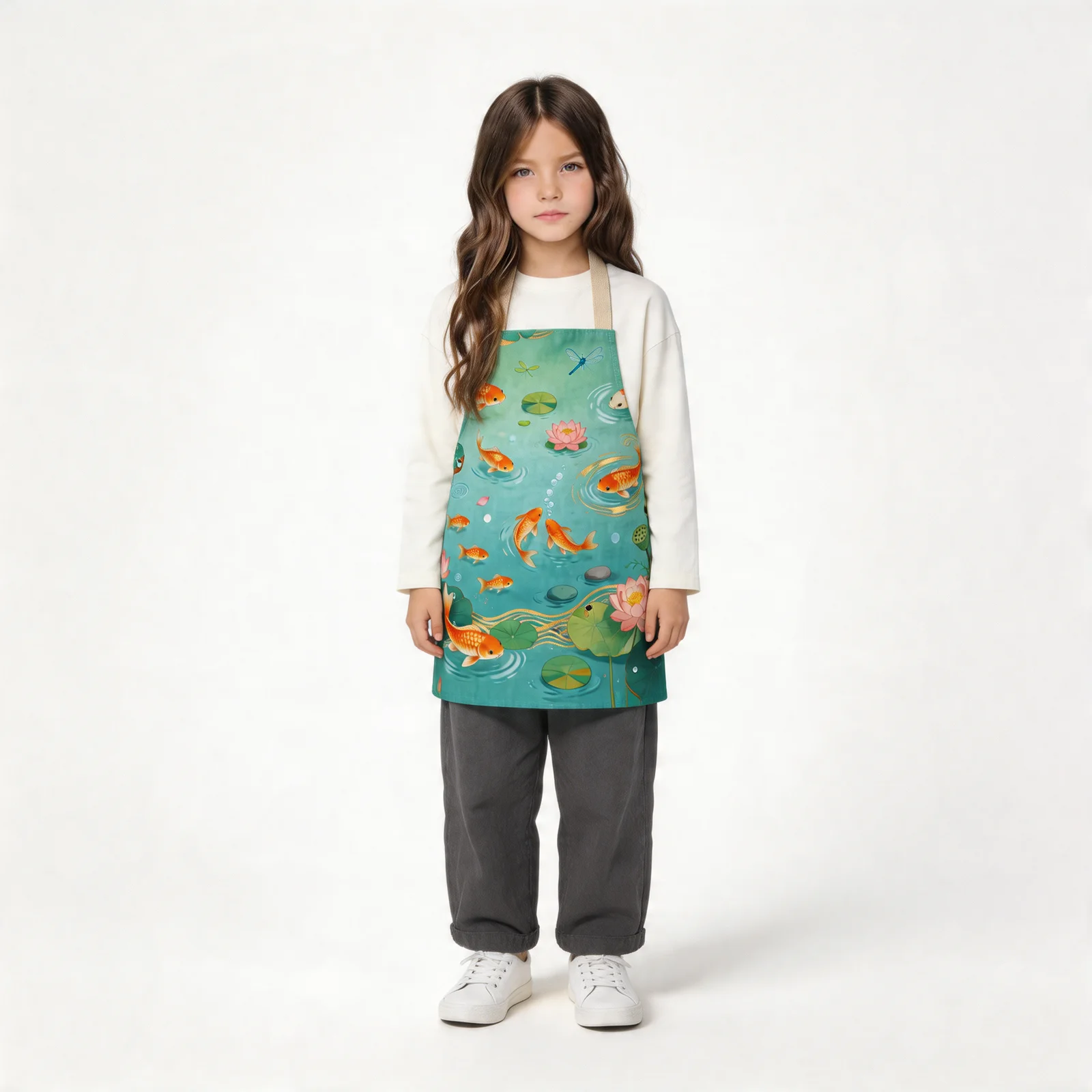 Koi & Lotus Pond All-Over Print Apron — worn by young model