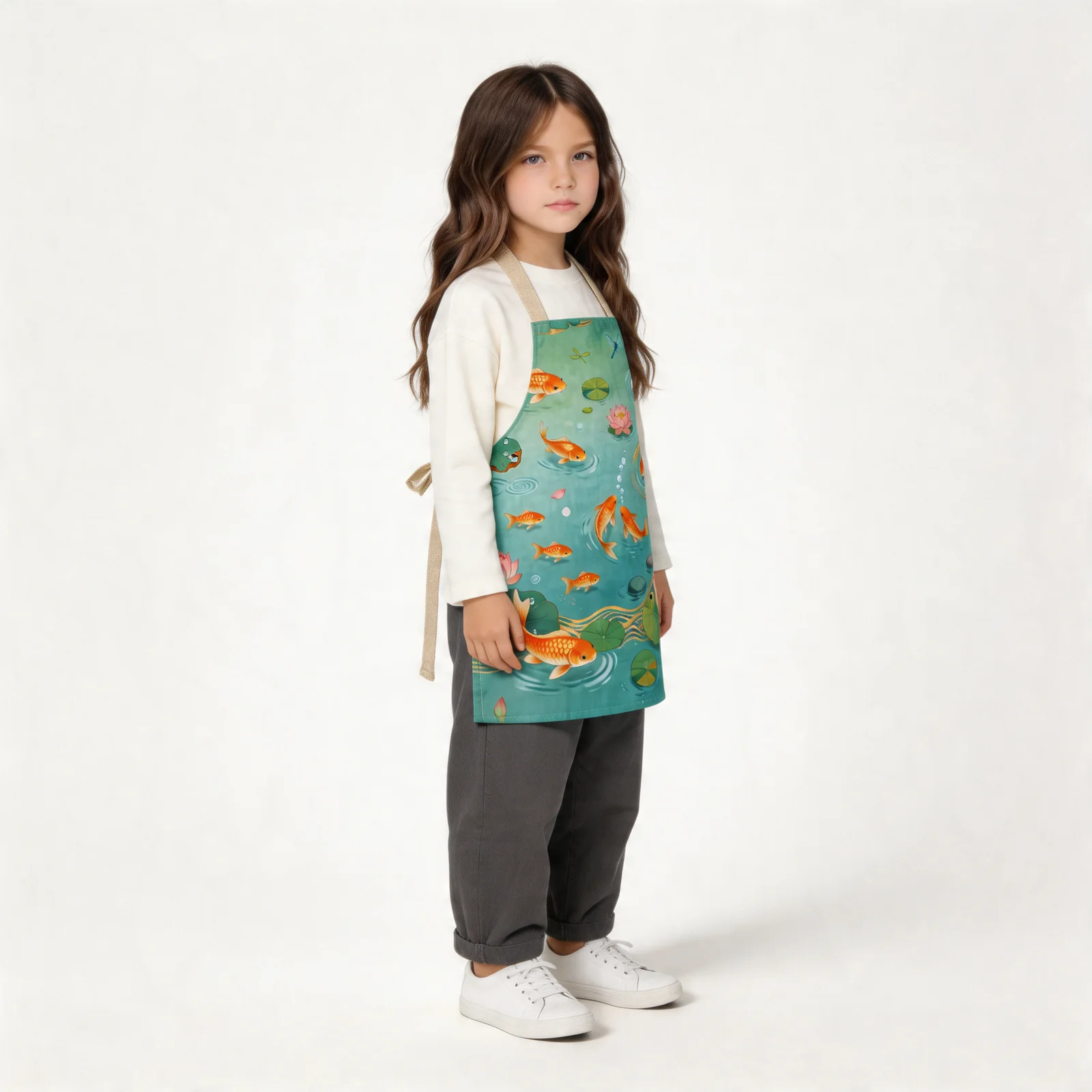 Koi & Lotus Pond All-Over Print Apron — worn by young model