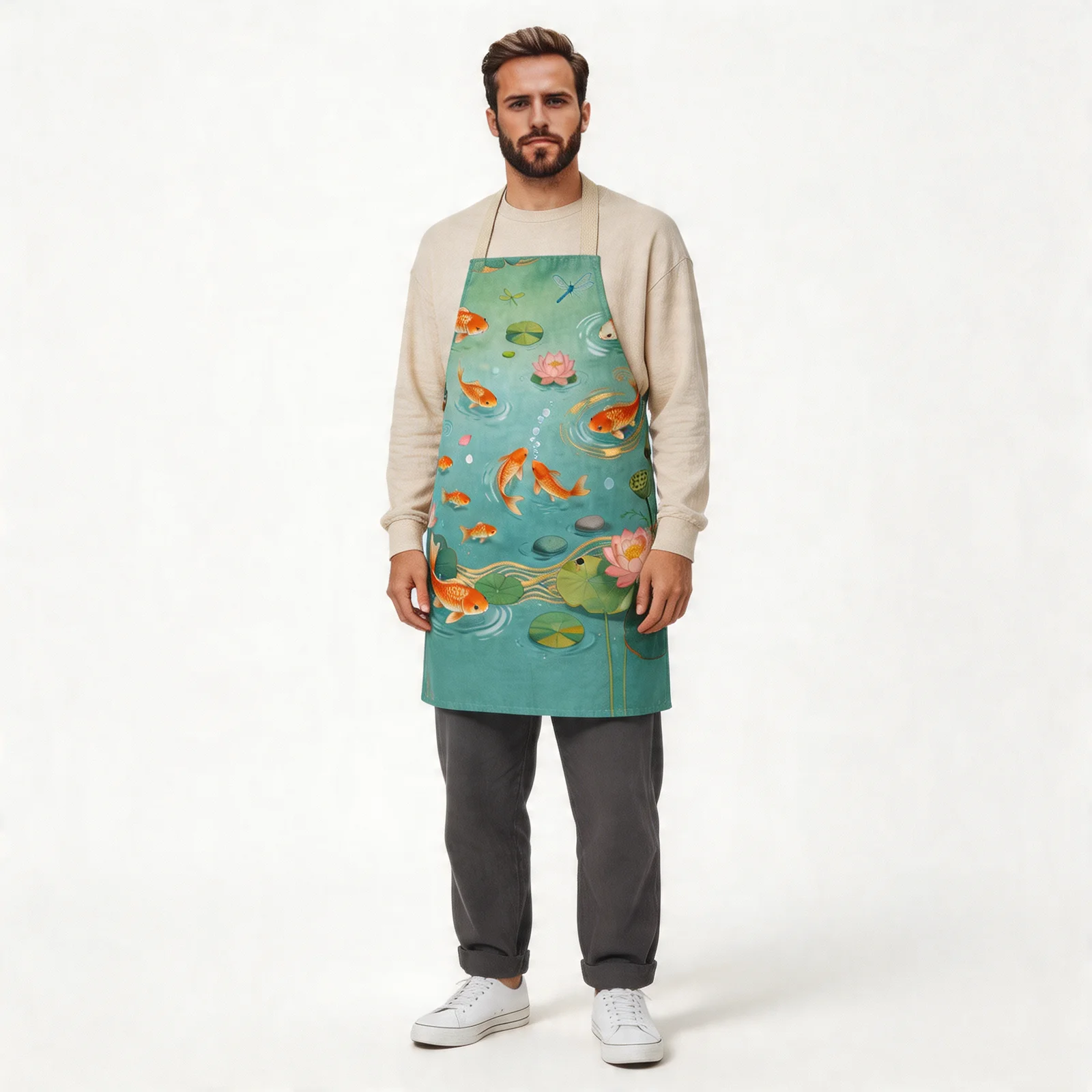 Koi & Lotus Pond All-Over Print Apron — worn by model