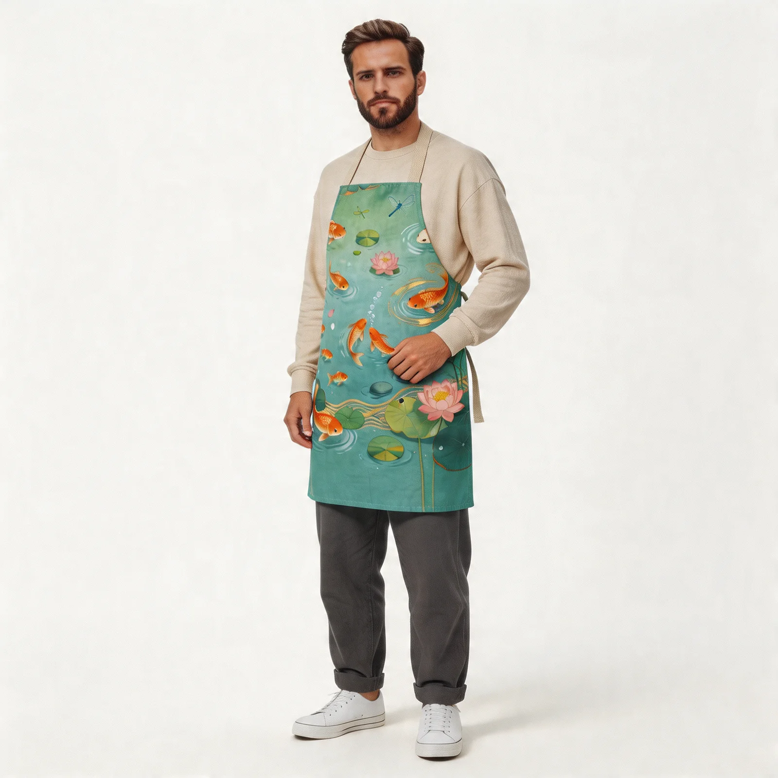 Koi & Lotus Pond All-Over Print Apron — worn by model