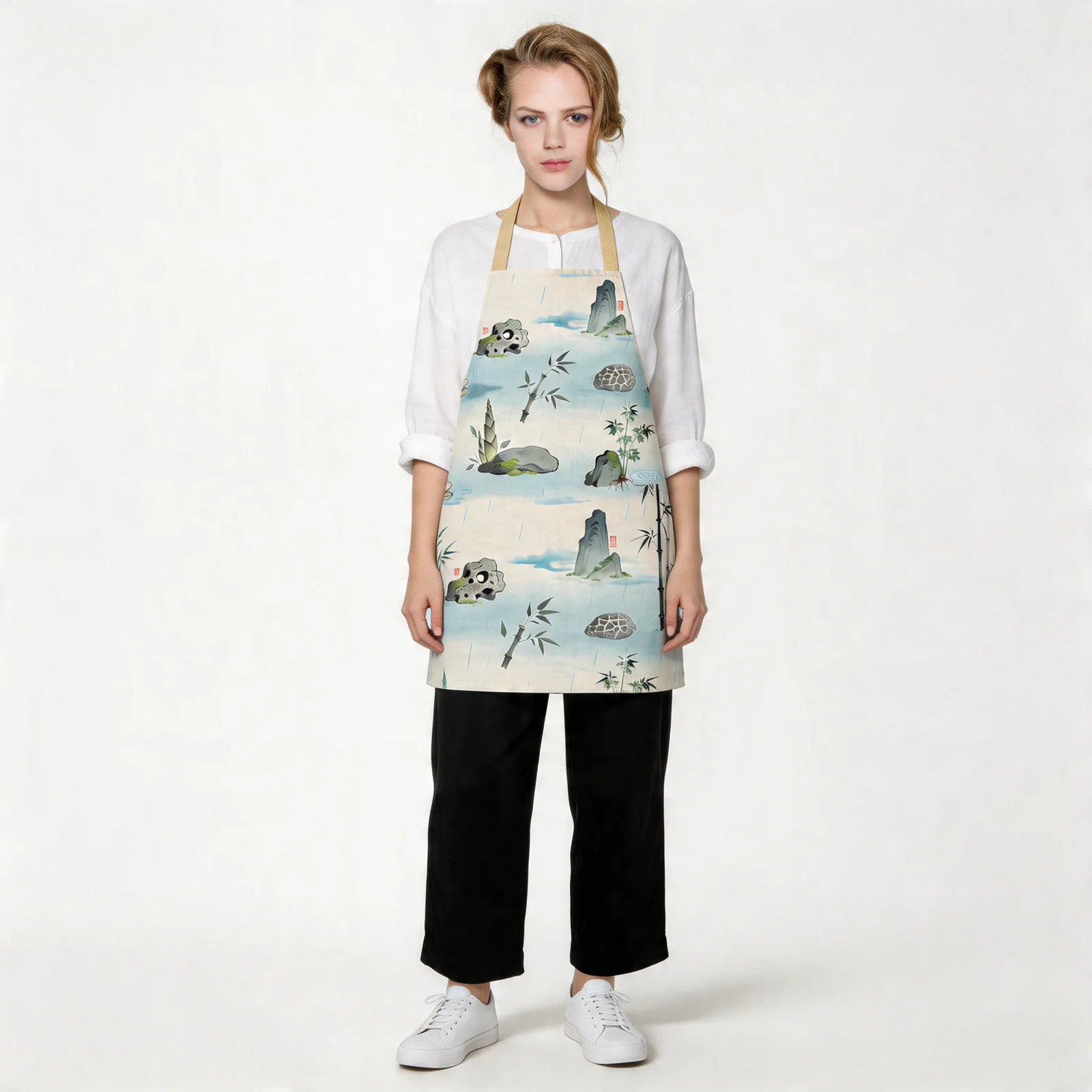 Zen Ink Bamboo & Stone All-Over Print Apron — worn by model