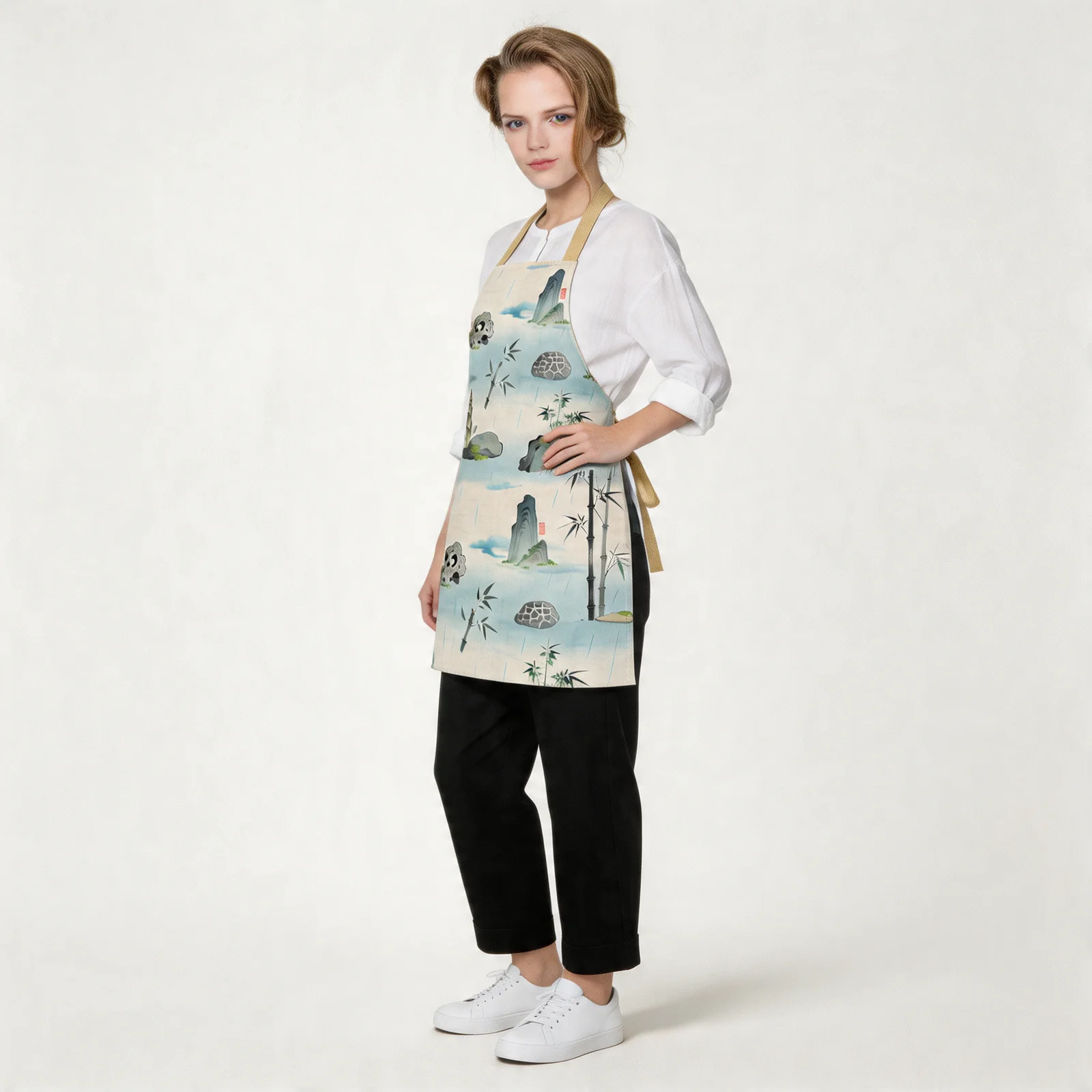Zen Ink Bamboo & Stone All-Over Print Apron — worn by model