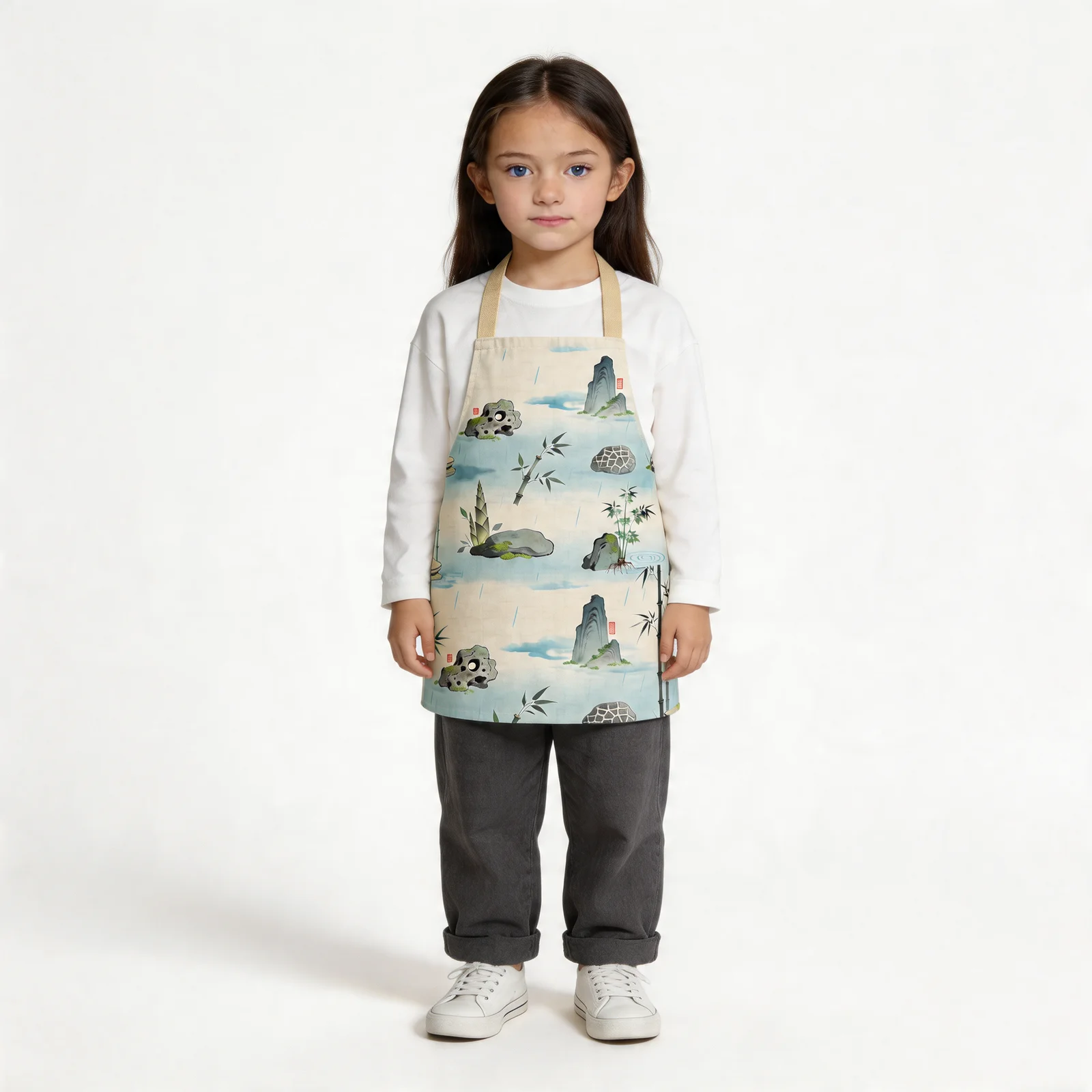 Zen Ink Bamboo & Stone All-Over Print Apron — worn by young model