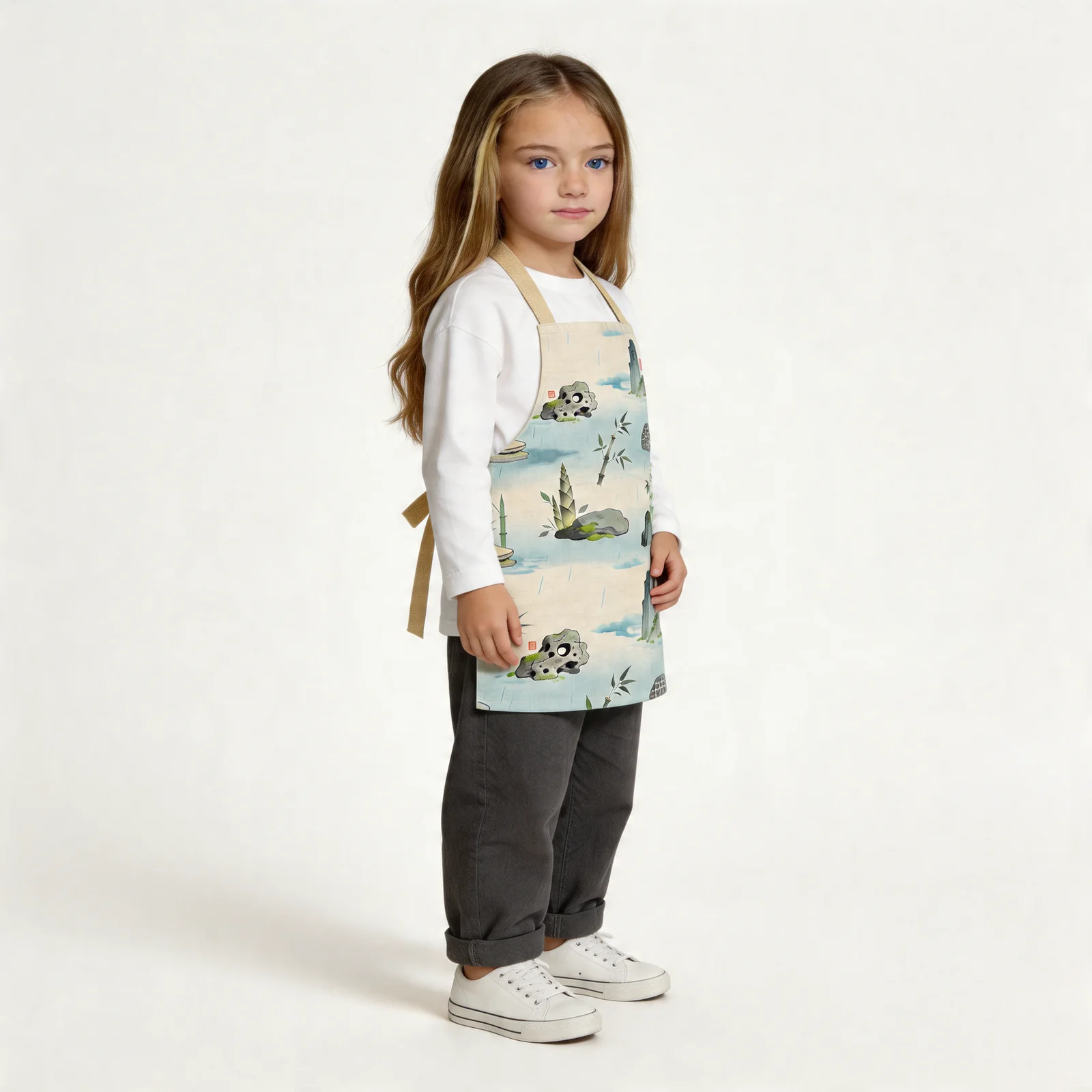 Zen Ink Bamboo & Stone All-Over Print Apron — worn by young model