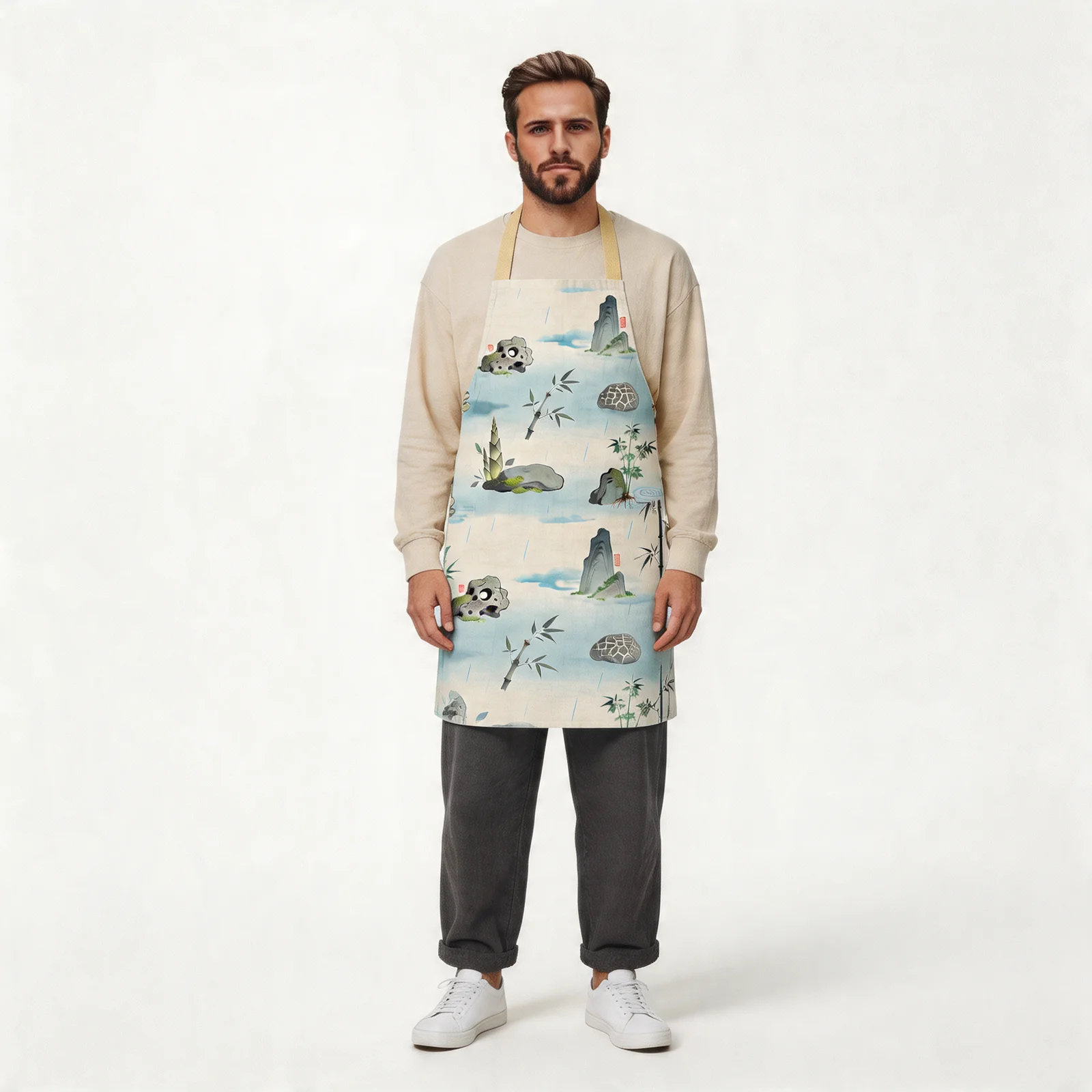 Zen Ink Bamboo & Stone All-Over Print Apron — worn by model