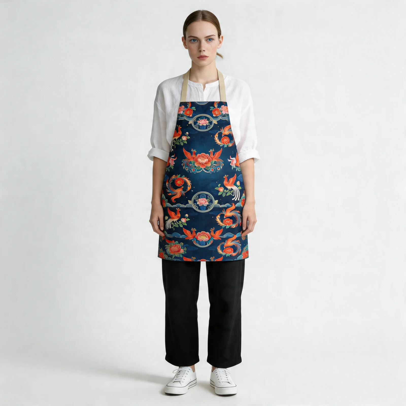 Tang Phoenix & Peony All-Over Print Apron — worn by model