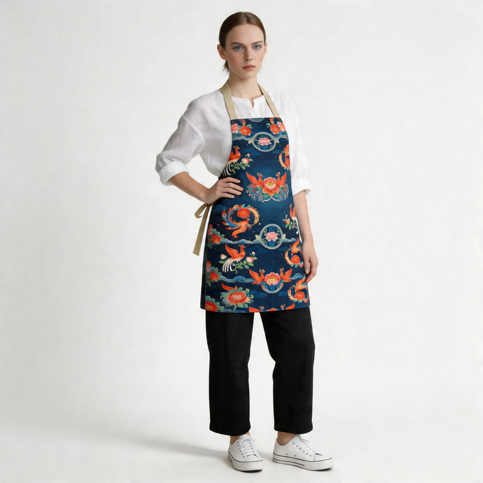 Tang Phoenix & Peony All-Over Print Apron — worn by model
