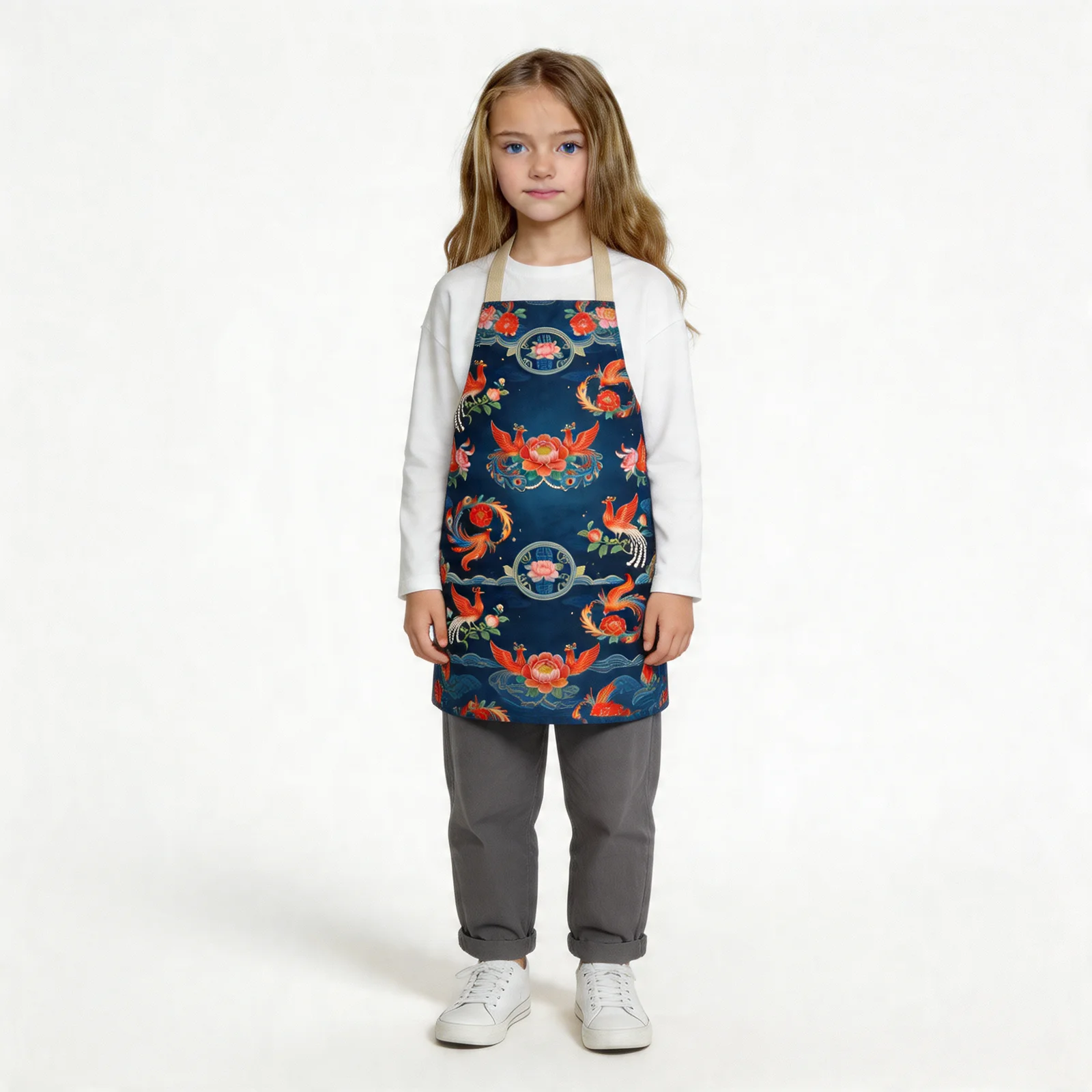 Tang Phoenix & Peony All-Over Print Apron — worn by young model