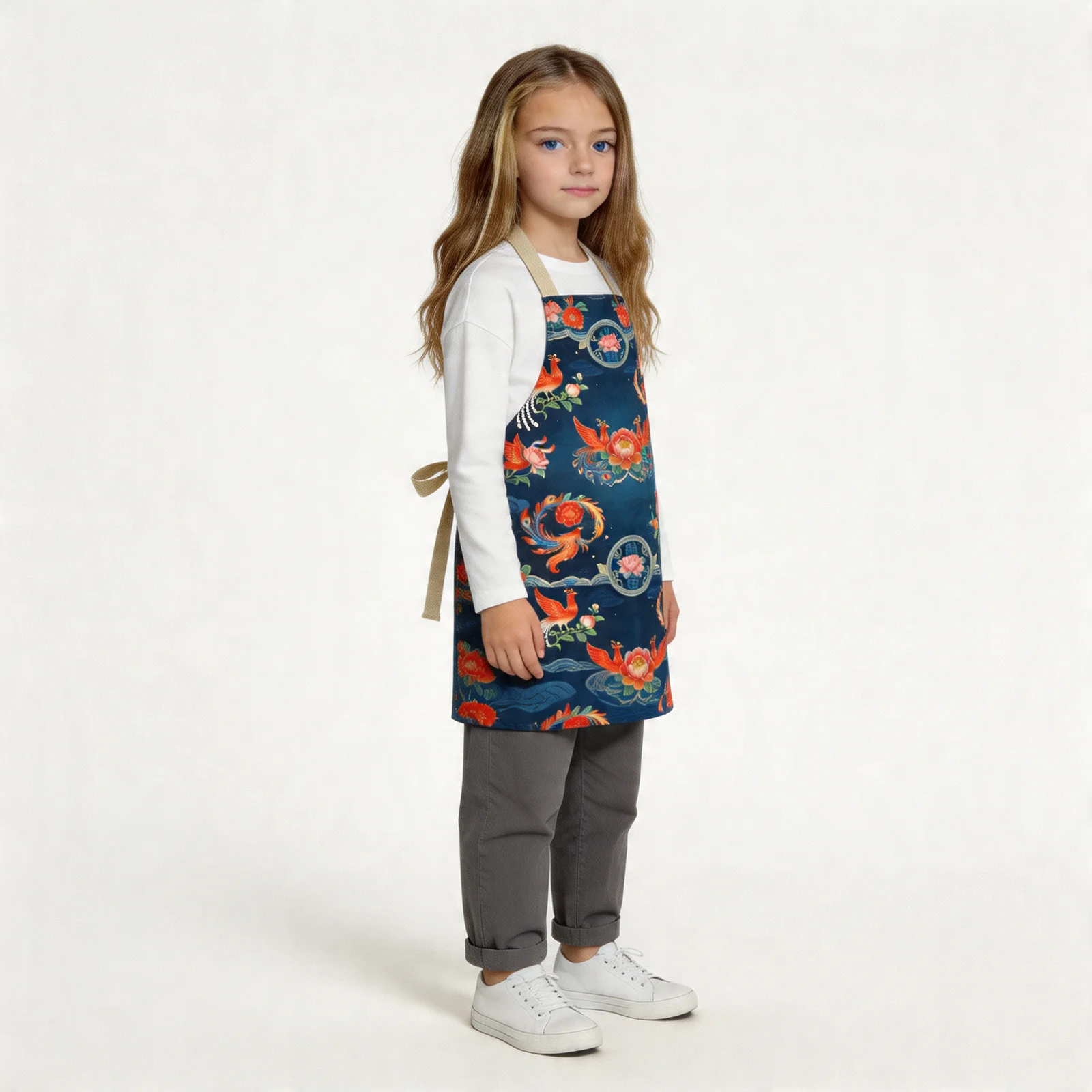 Tang Phoenix & Peony All-Over Print Apron — worn by young model