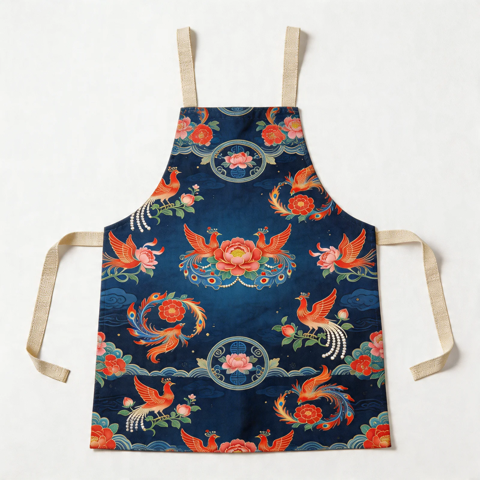 Tang Phoenix & Peony All-Over Print Apron — flat lay