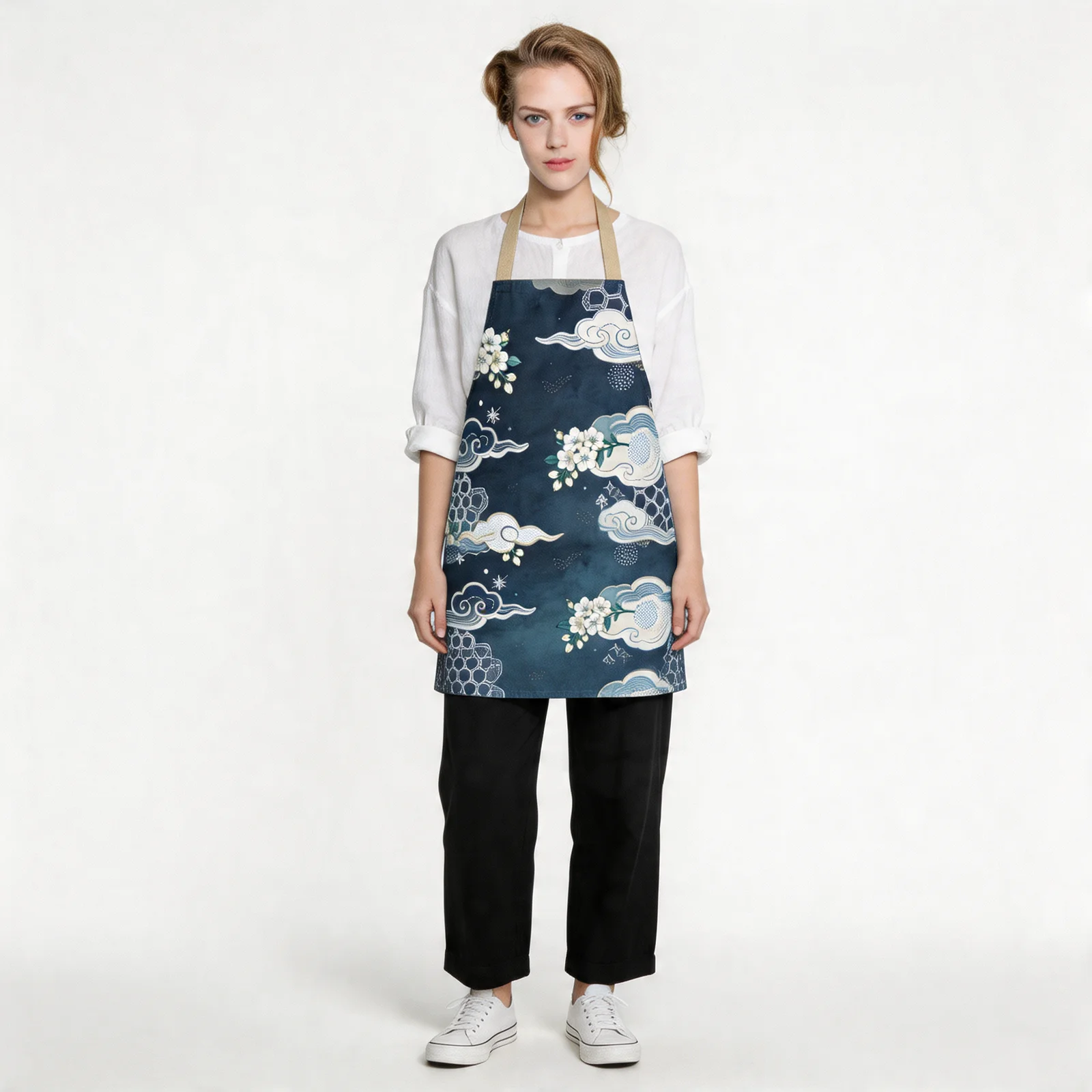 Indigo Yuzen Clouds & Petals All-Over Print Apron — worn by model