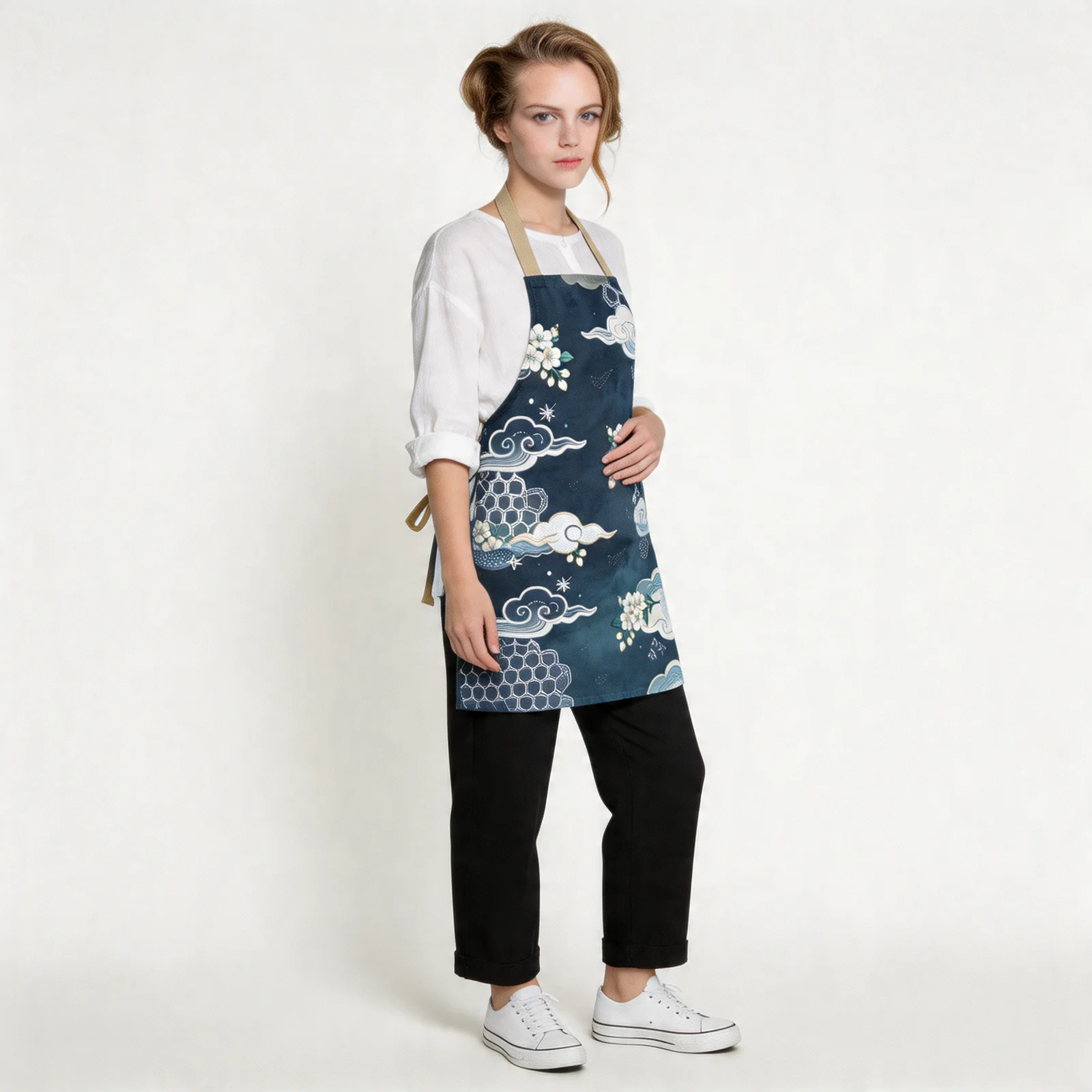 Indigo Yuzen Clouds & Petals All-Over Print Apron — worn by model
