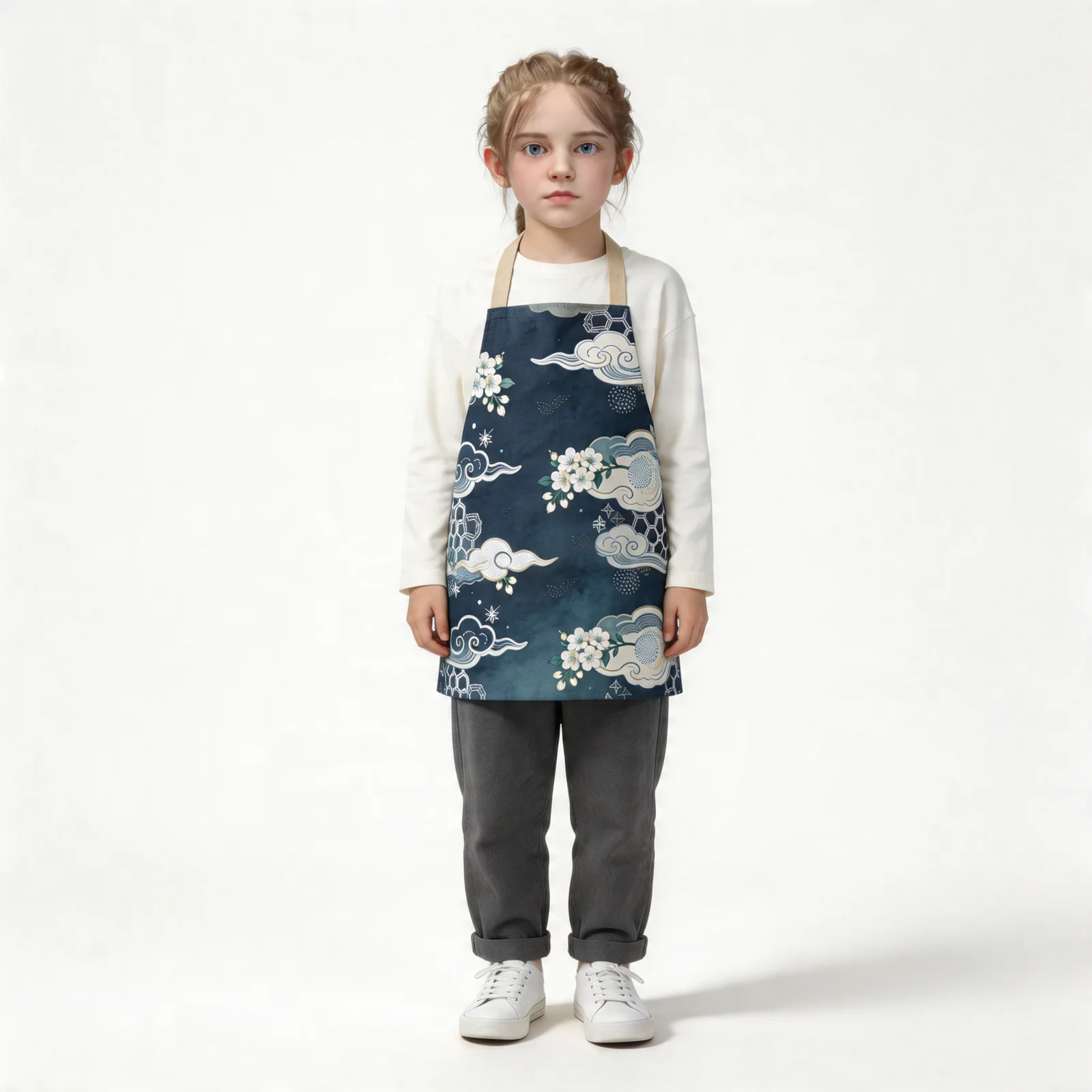 Indigo Yuzen Clouds & Petals All-Over Print Apron — worn by young model