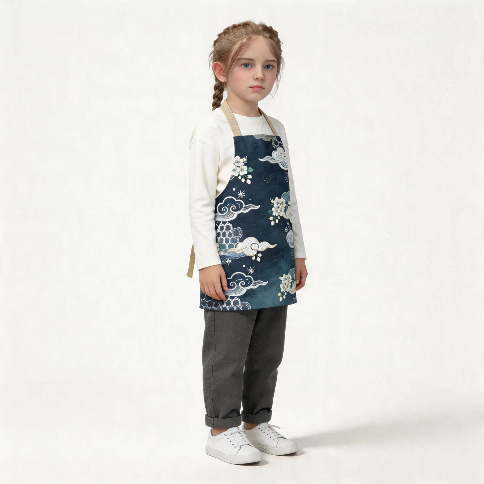 Indigo Yuzen Clouds & Petals All-Over Print Apron — worn by young model